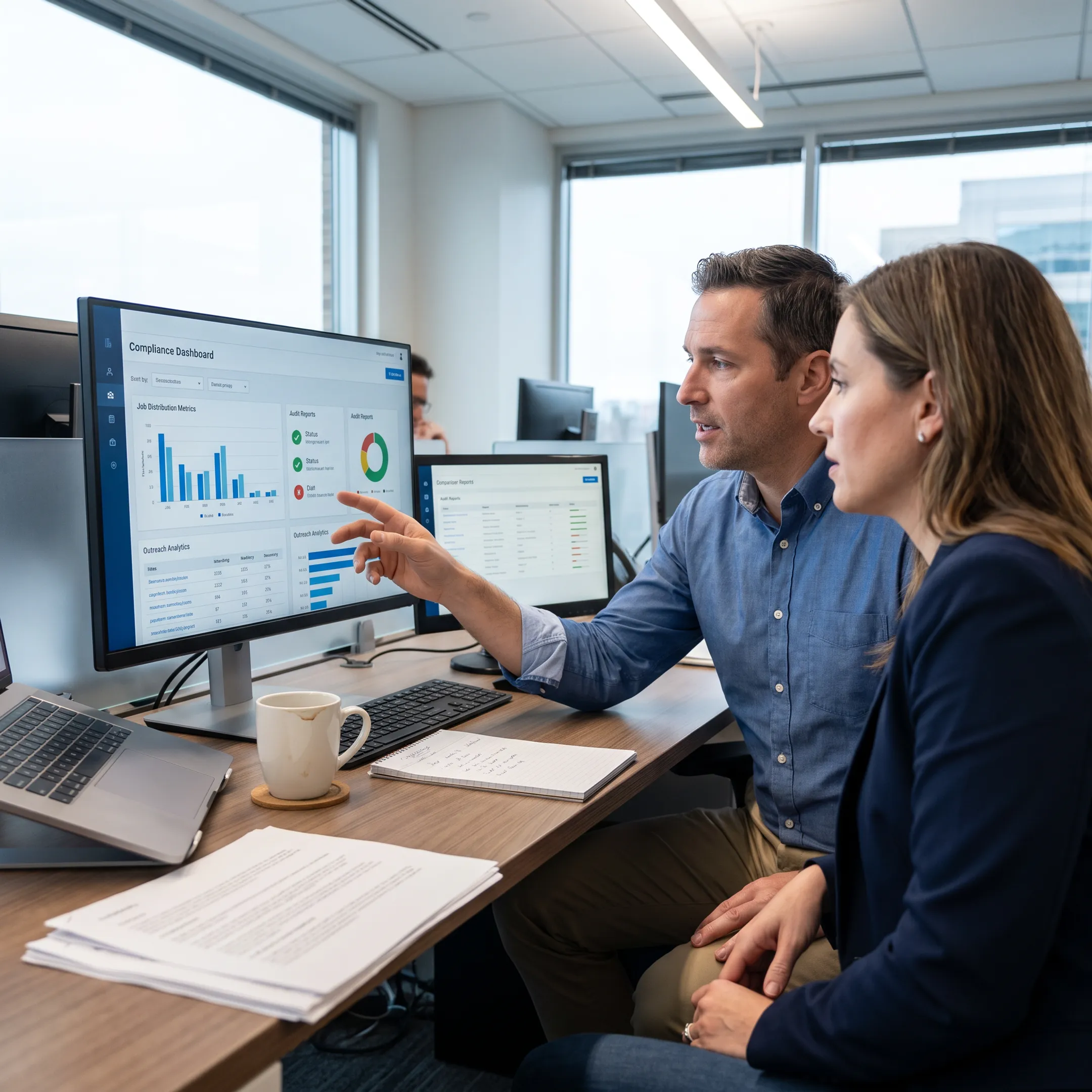 HR compliance team reviewing job distribution analytics