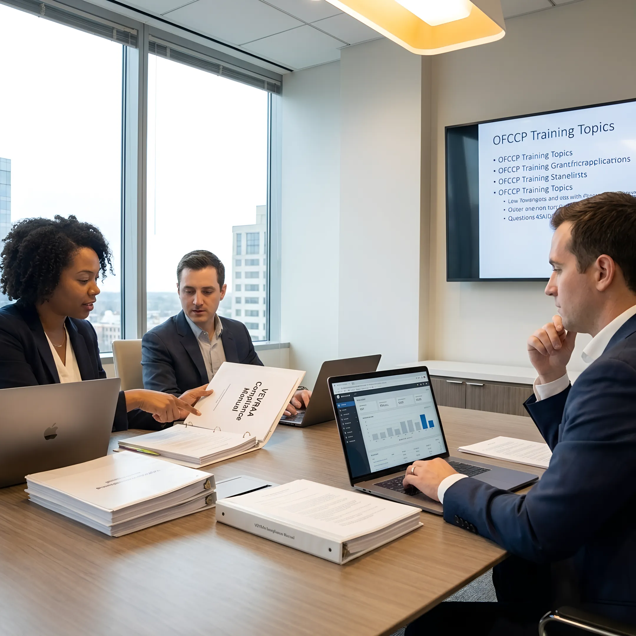 HR team reviewing OFCCP compliance training materials