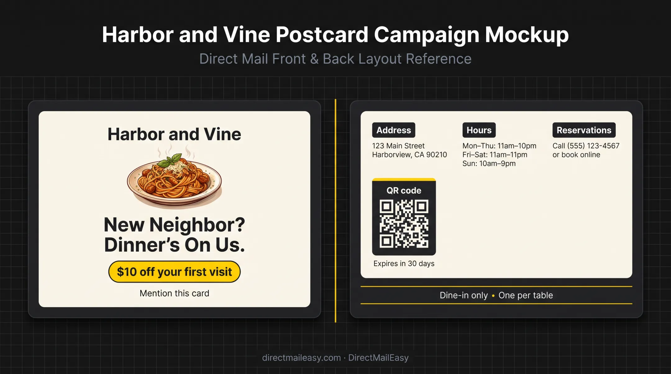 Restaurant postcard front and back design example with offer details