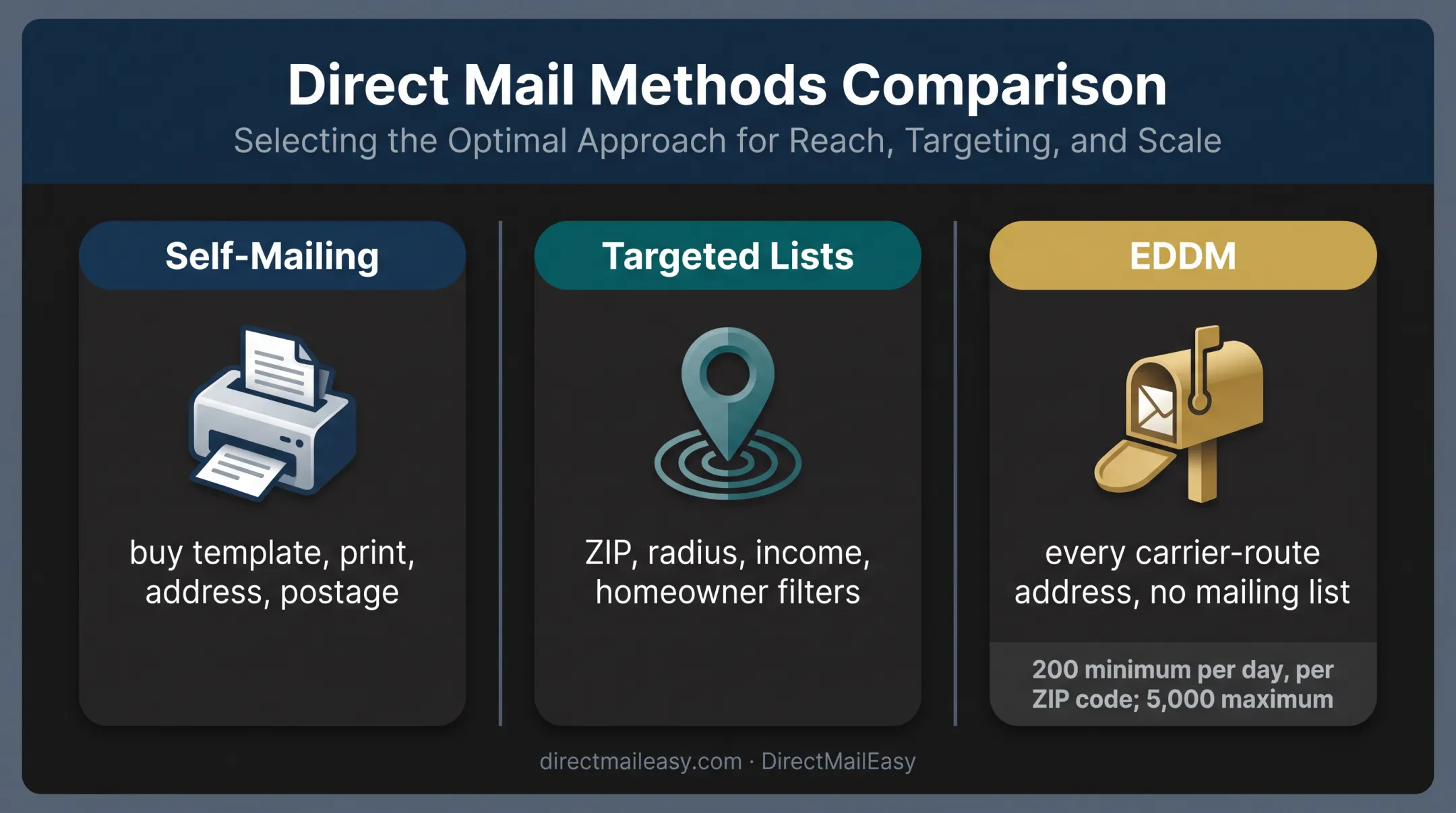 Three real estate postcard mailing methods comparison infographic