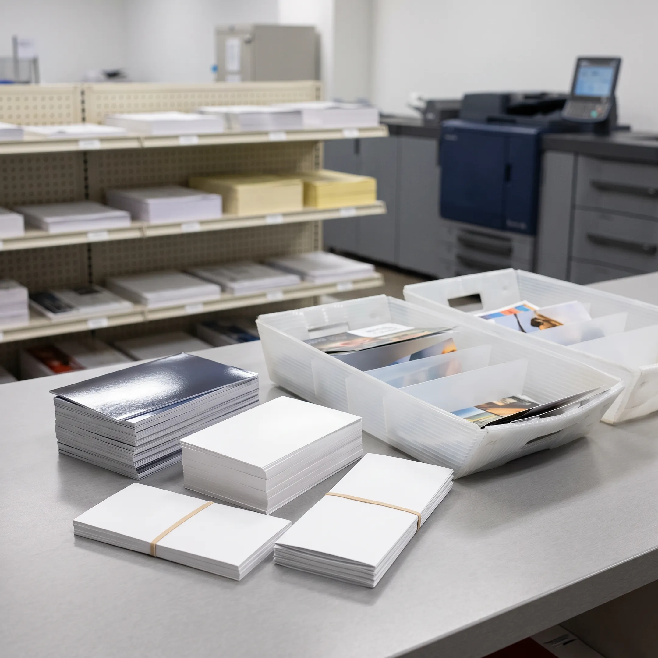 Stacks of professionally printed marketing postcards prepared for direct mail distribution.