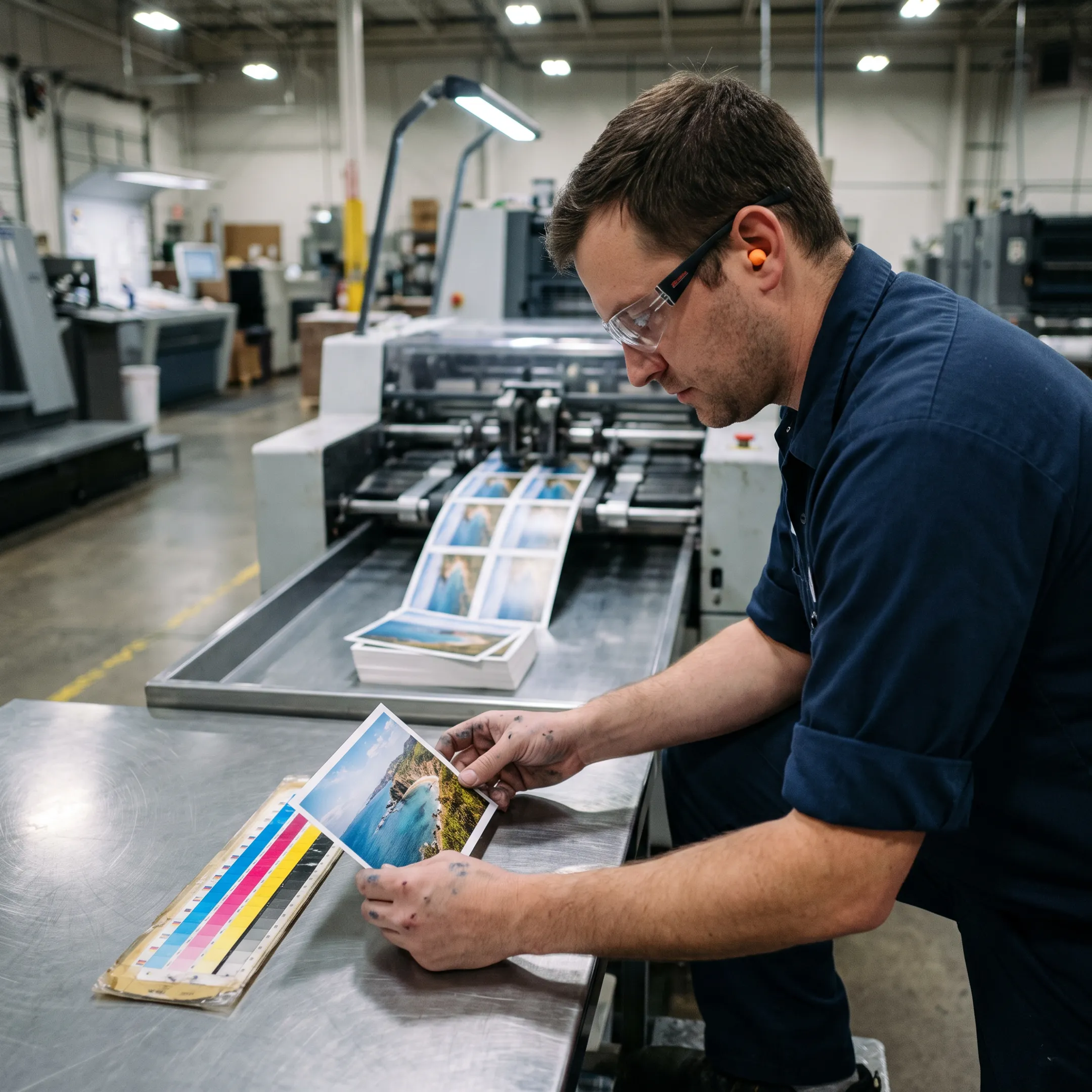Production specialist reviewing printed direct mail samples on an automated commercial press.