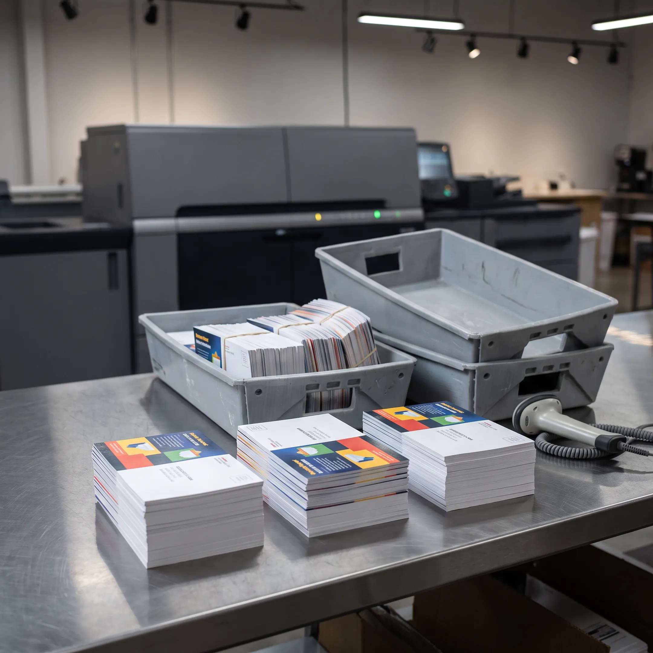 Stacks of printed promotional postcards prepared for bulk mailing distribution