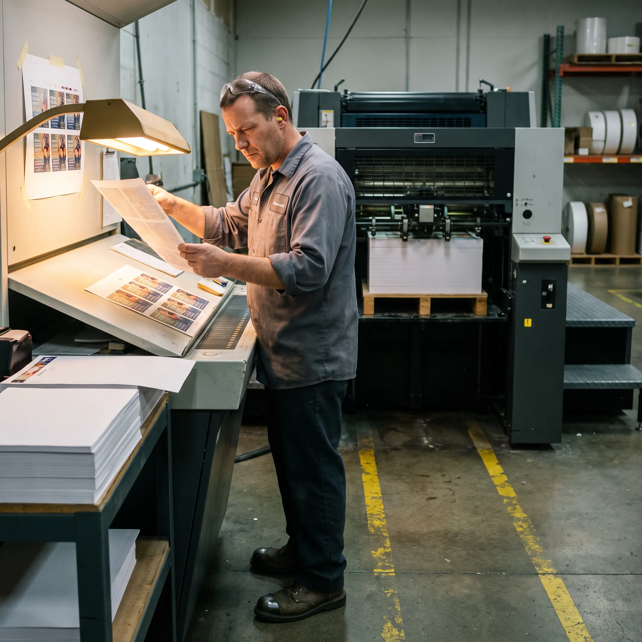 Commercial printing technician inspecting bulk postcard run for postal compliance