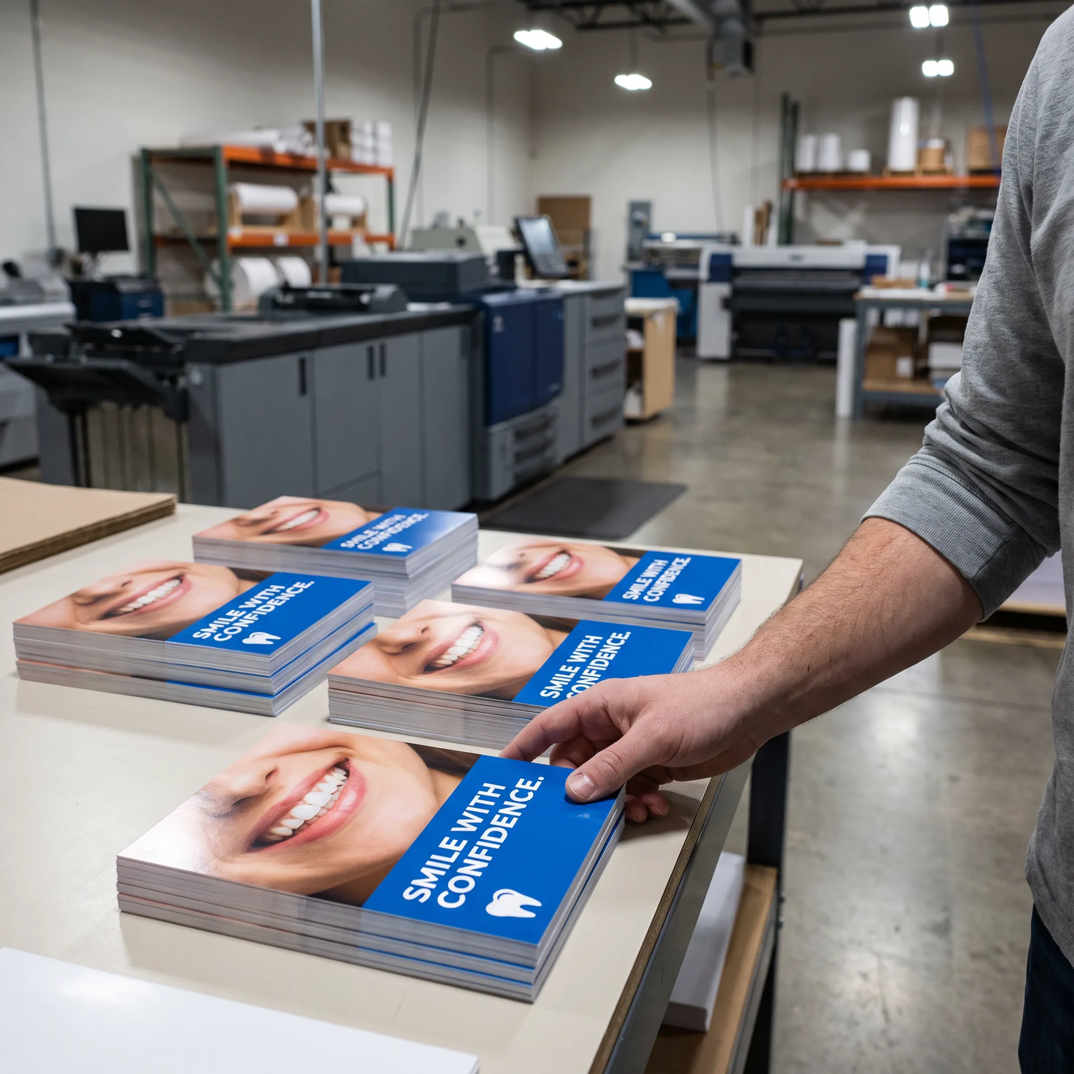Stacks of professionally printed dental marketing postcards ready for direct mail distribution.