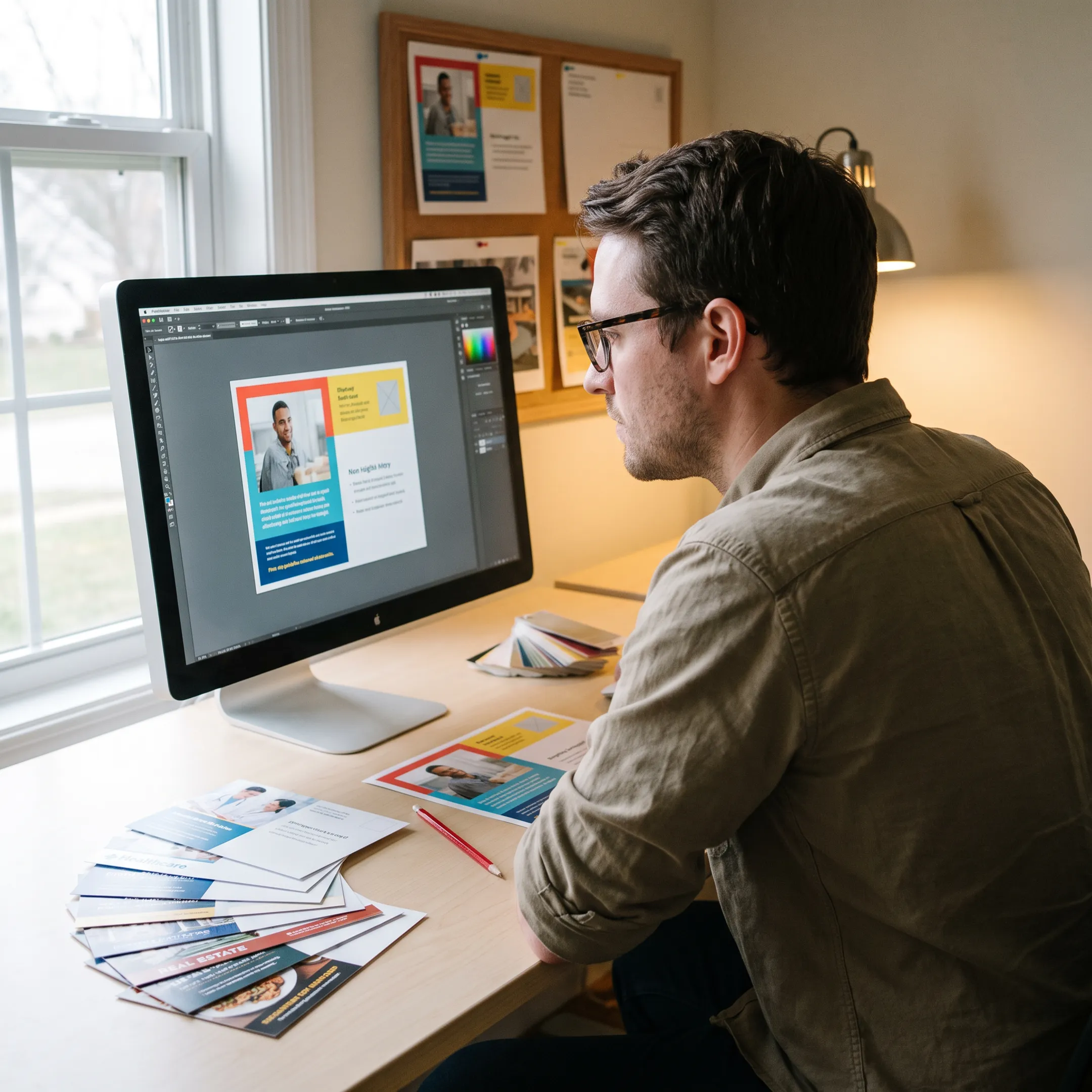 Graphic designer reviewing a digital dental postcard proof on an office workstation screen.