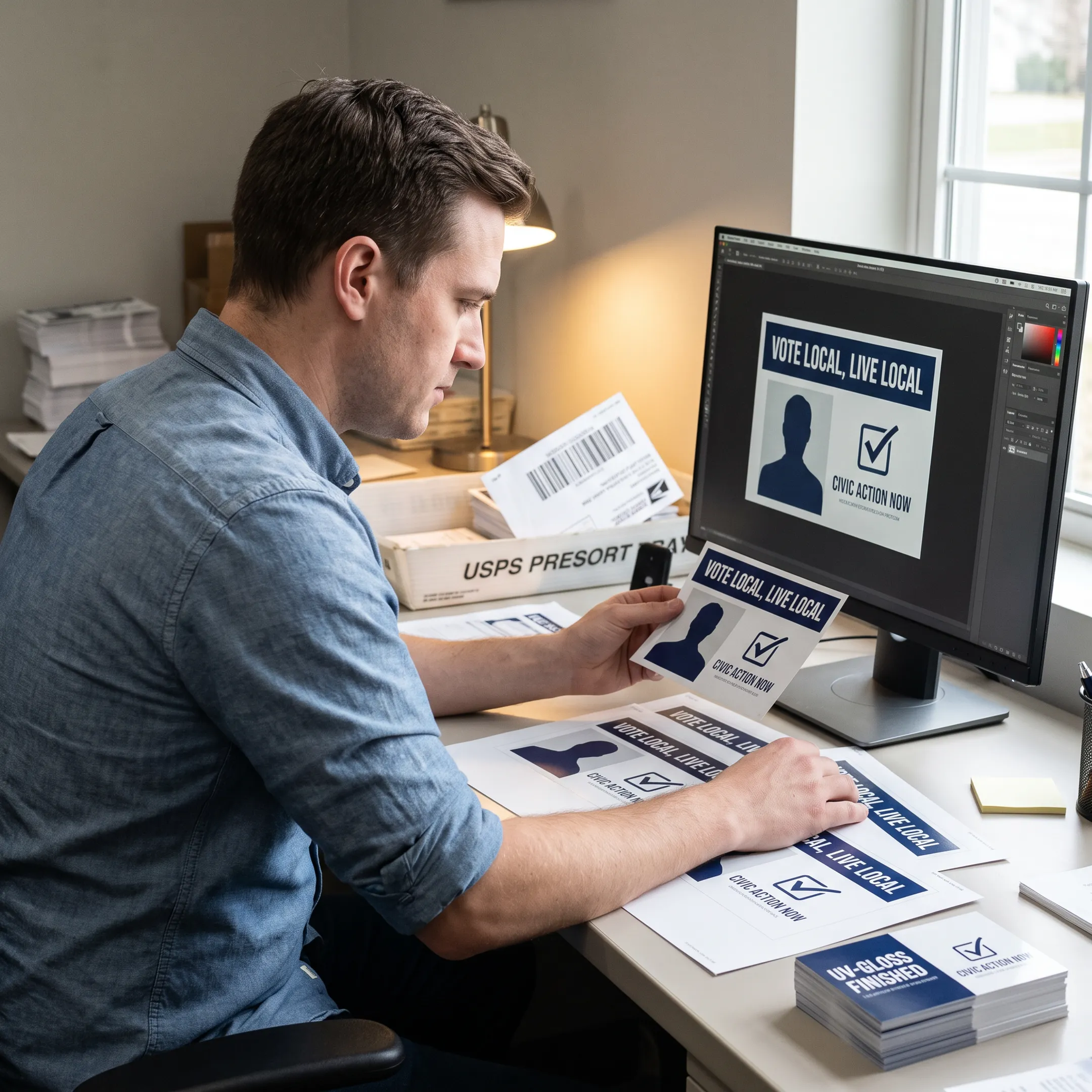 Designer reviewing a political campaign postcard proof before printing
