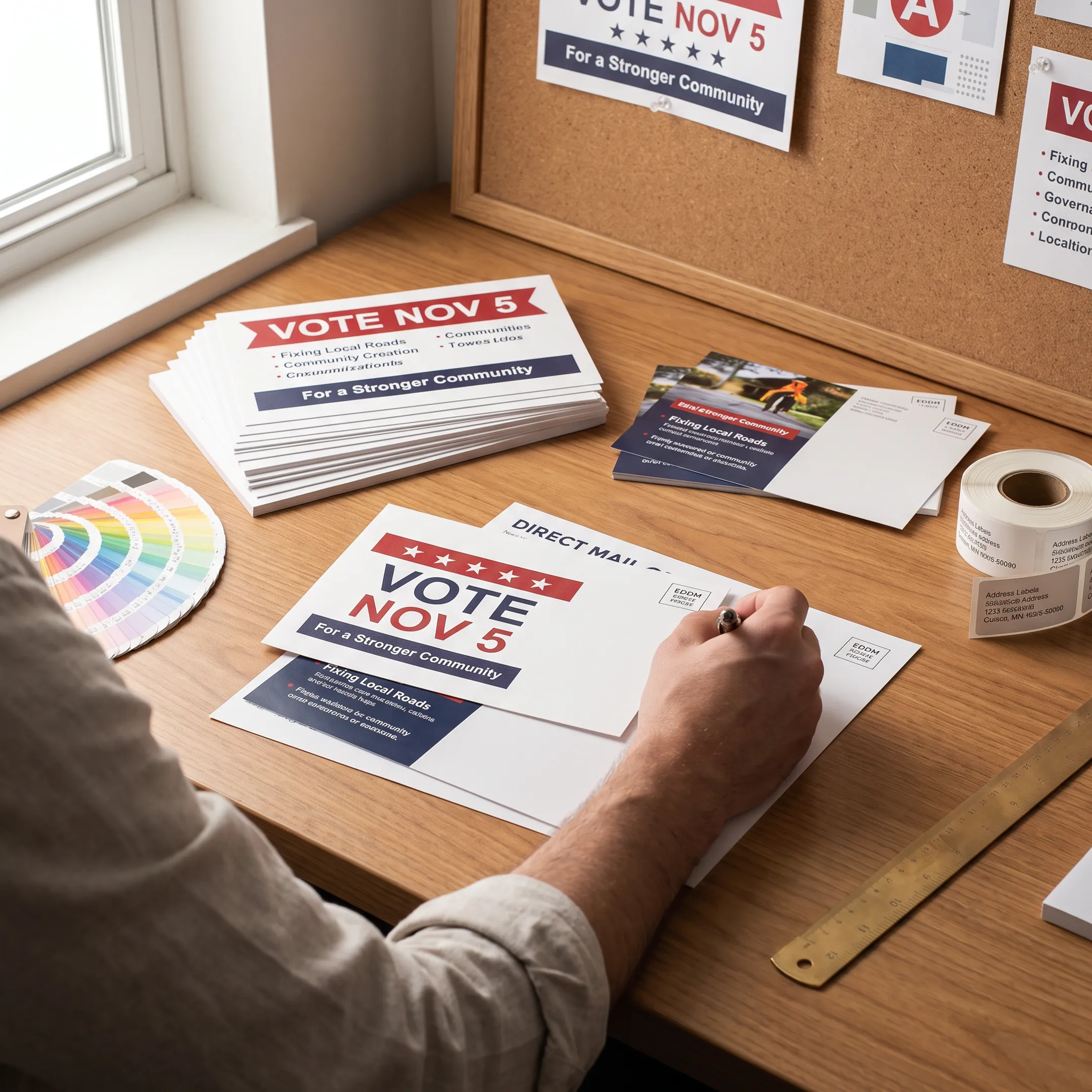 Political campaign postcard designs arranged beside printed mail pieces