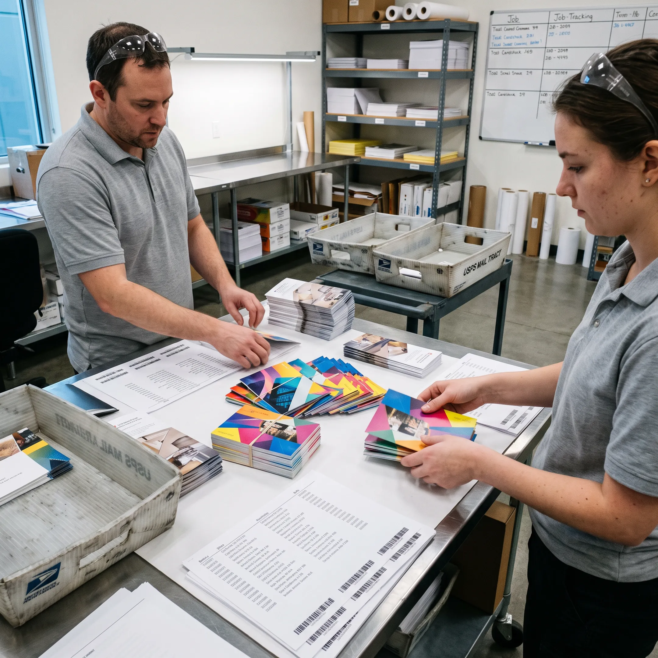 Direct mail postcards being prepared for a Seattle neighborhood marketing campaign