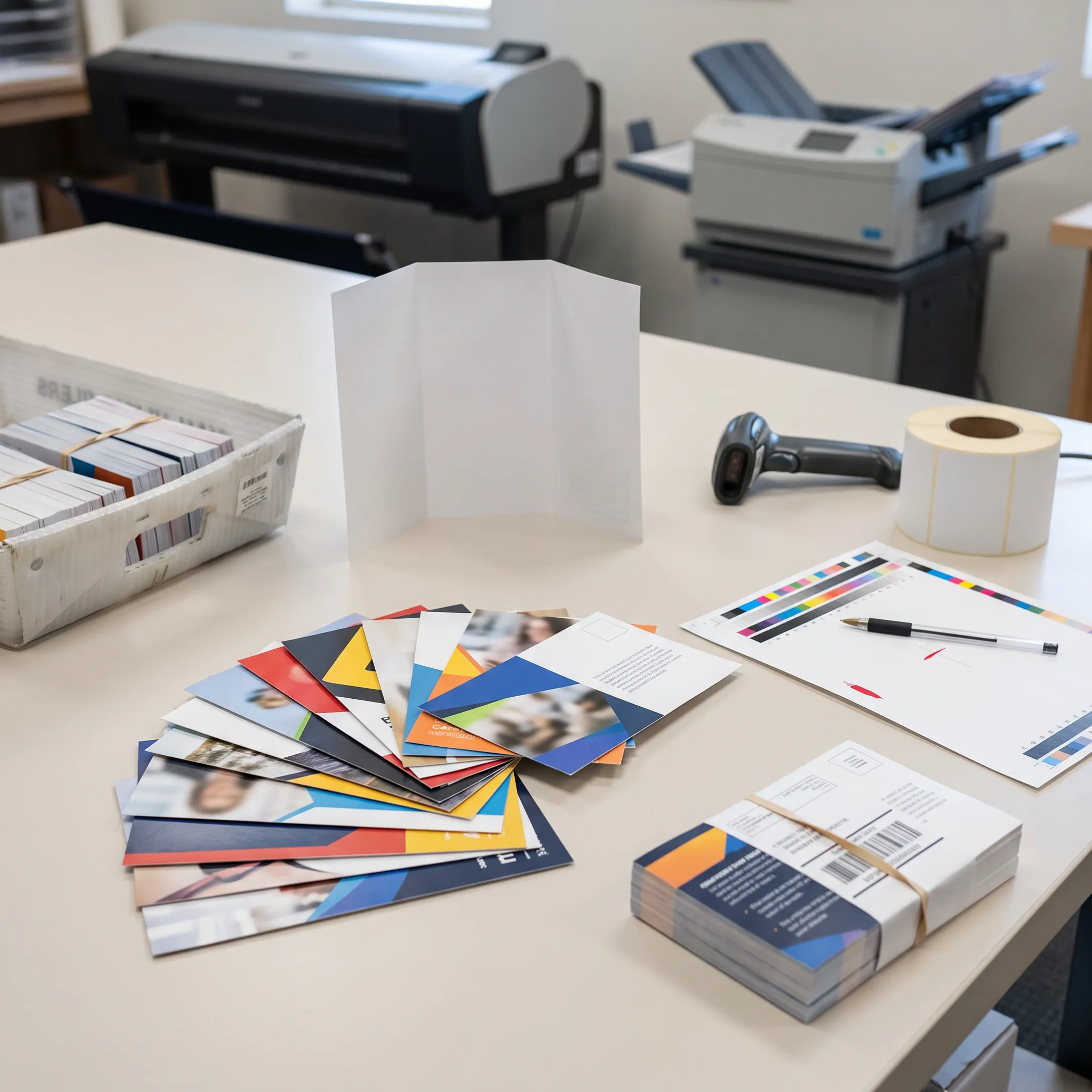 Direct mail postcards being prepared for printing and USPS mailing