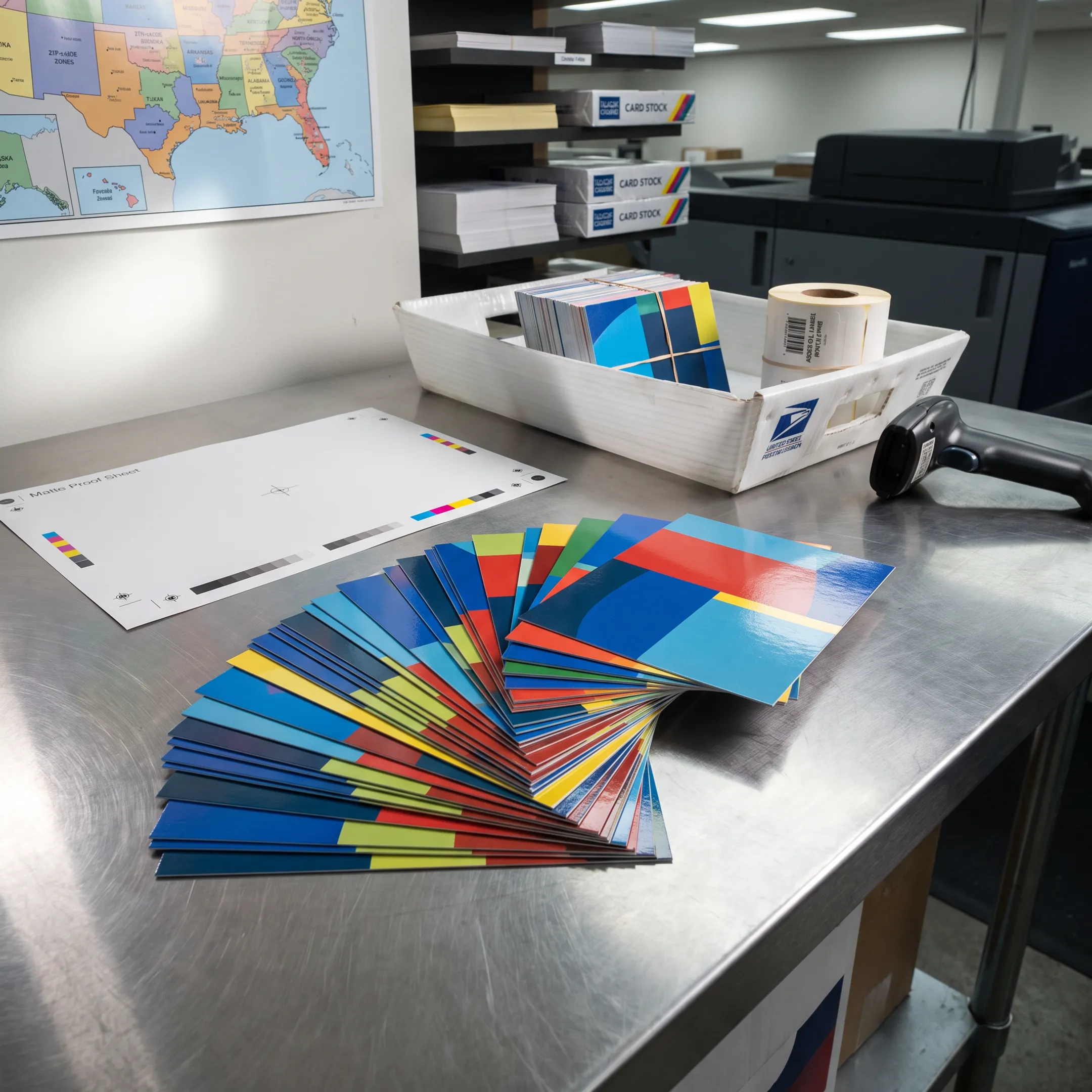 Printed marketing postcards prepared for mailing to local households