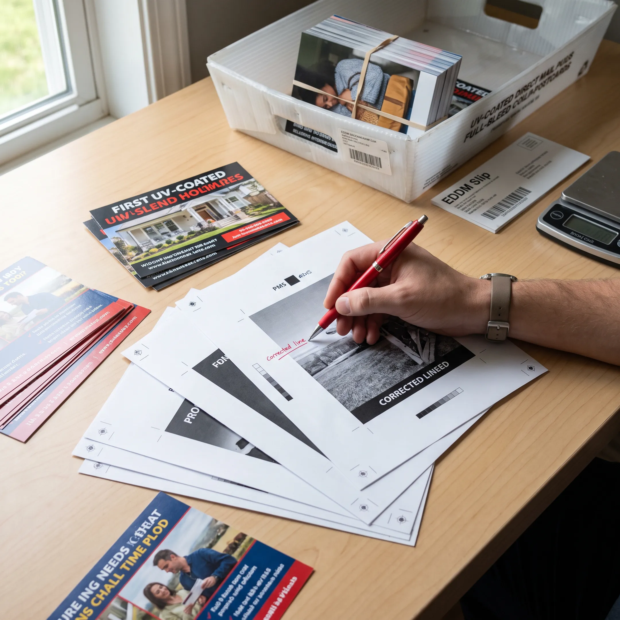 Printed postcards prepared for a direct mail campaign