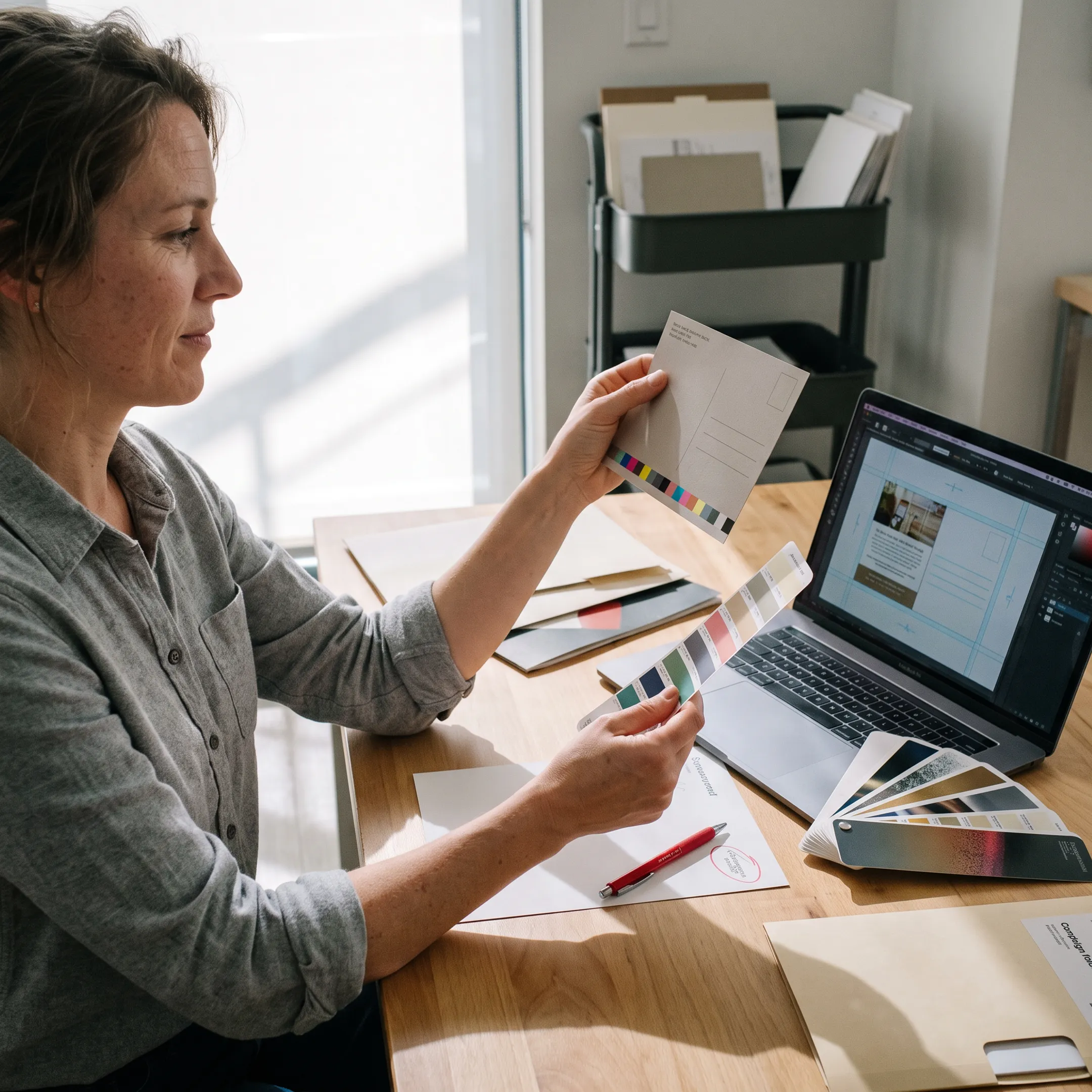 Designer reviewing postcard artwork before commercial printing