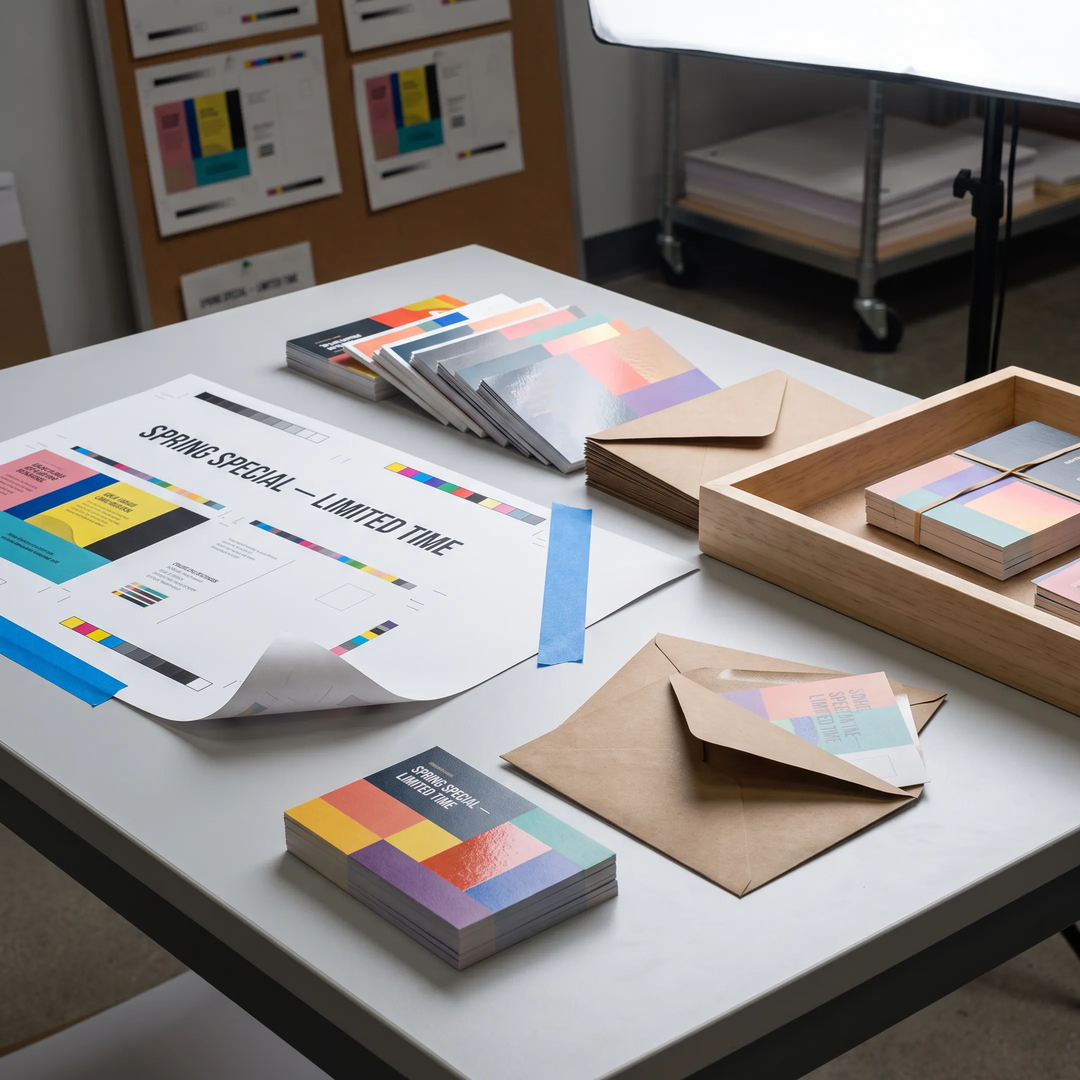 Professionally designed postcards arranged beside printed marketing materials