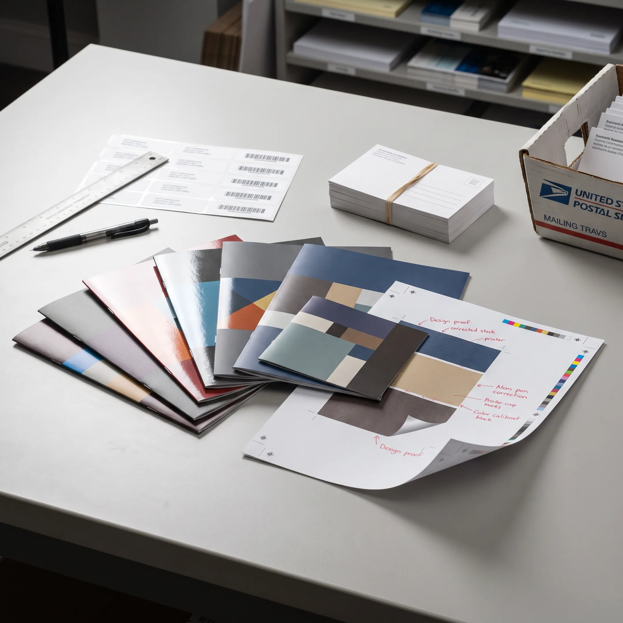 Professionally printed custom brochures arranged on a marketing table
