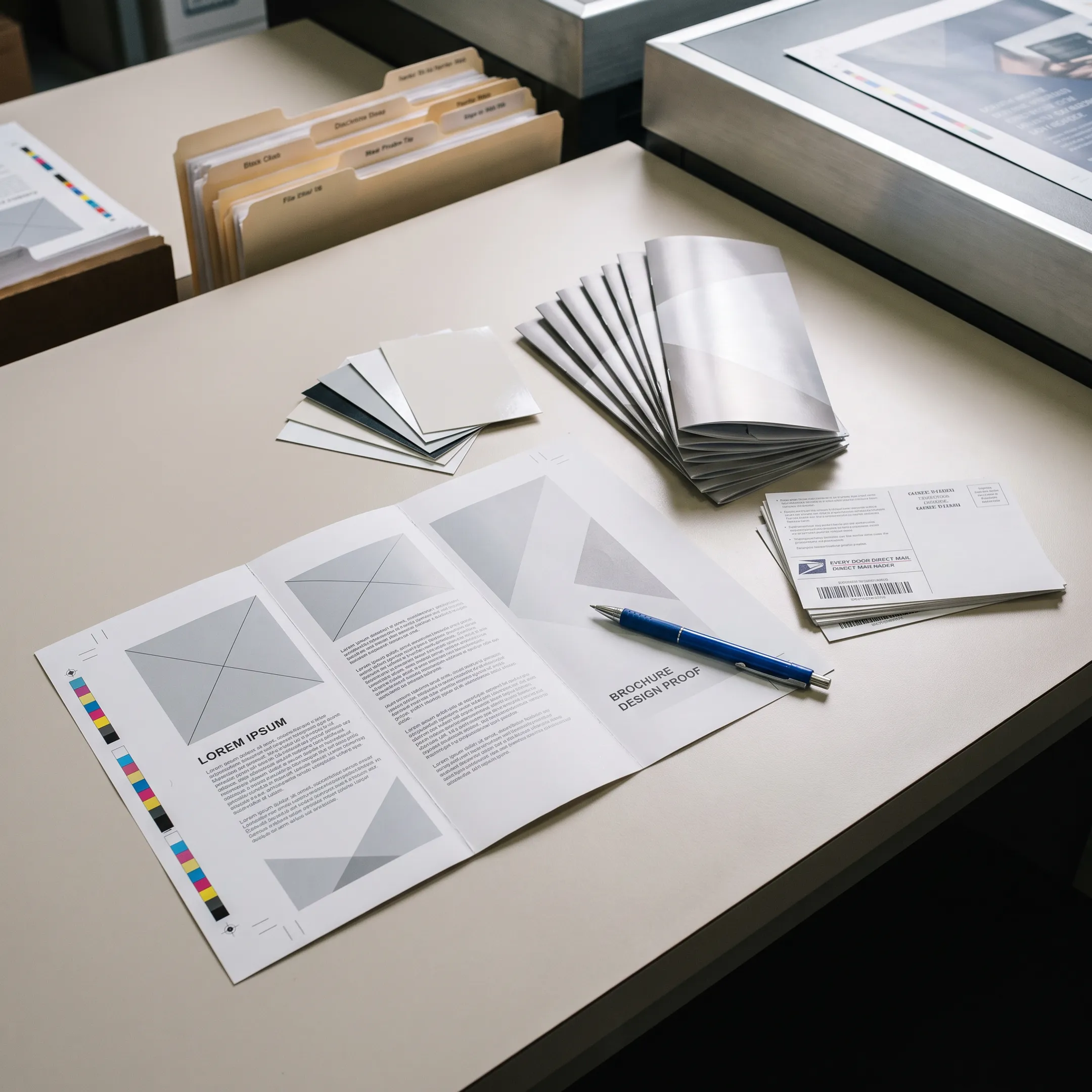 Business brochure proof beside printed copies and design materials