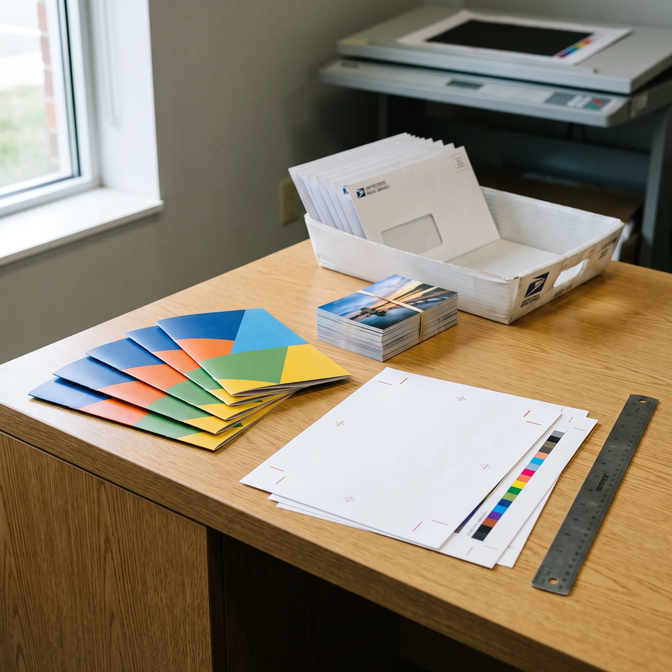 Professionally printed brochures arranged on a Dallas business desk