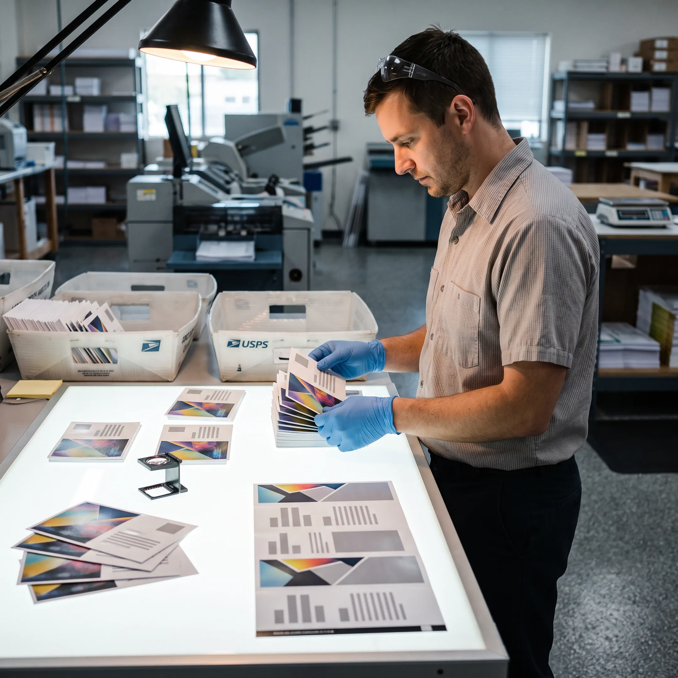 Mailing specialist reviewing printed postcards for a Dallas campaign