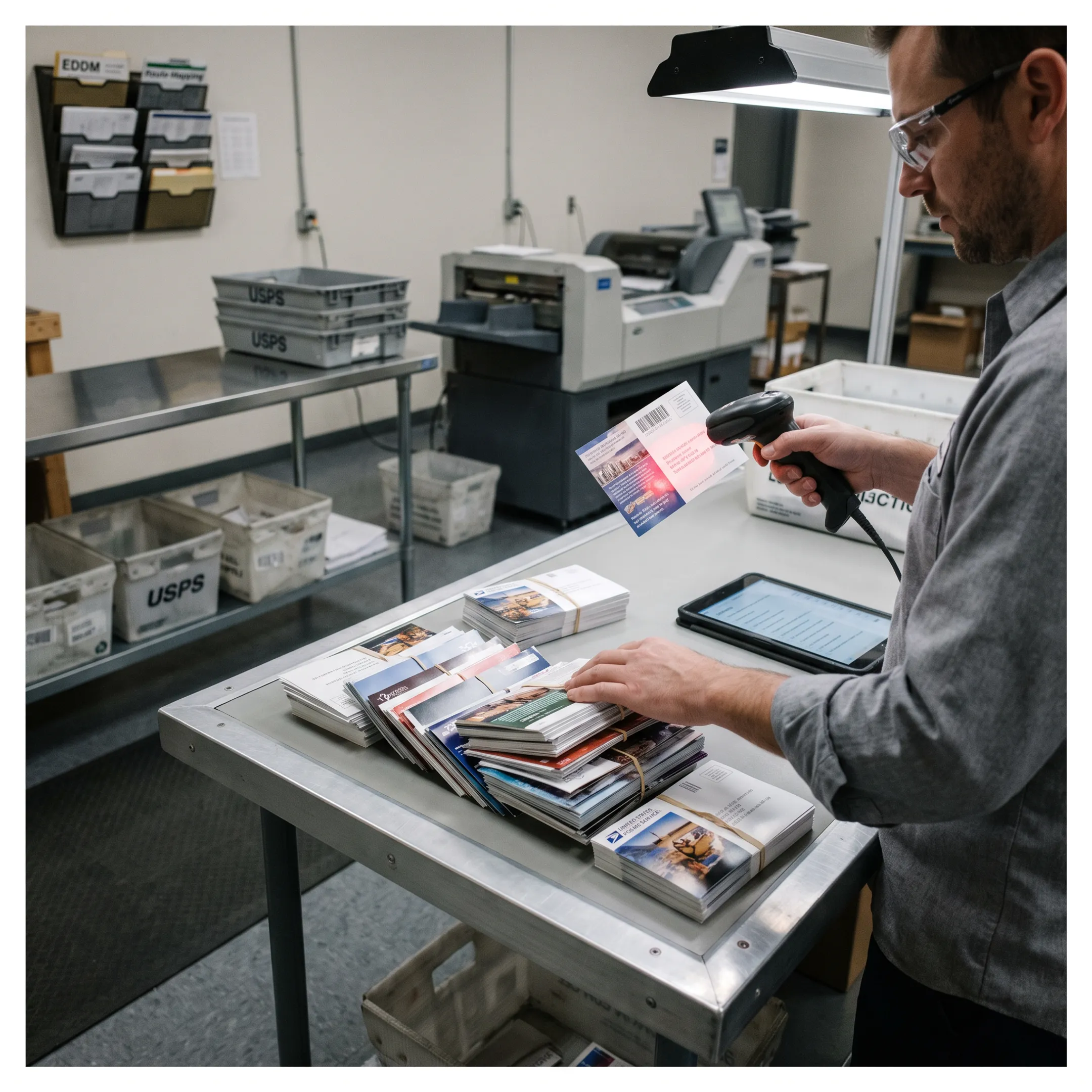 Printed direct mail pieces ready for USPS processing