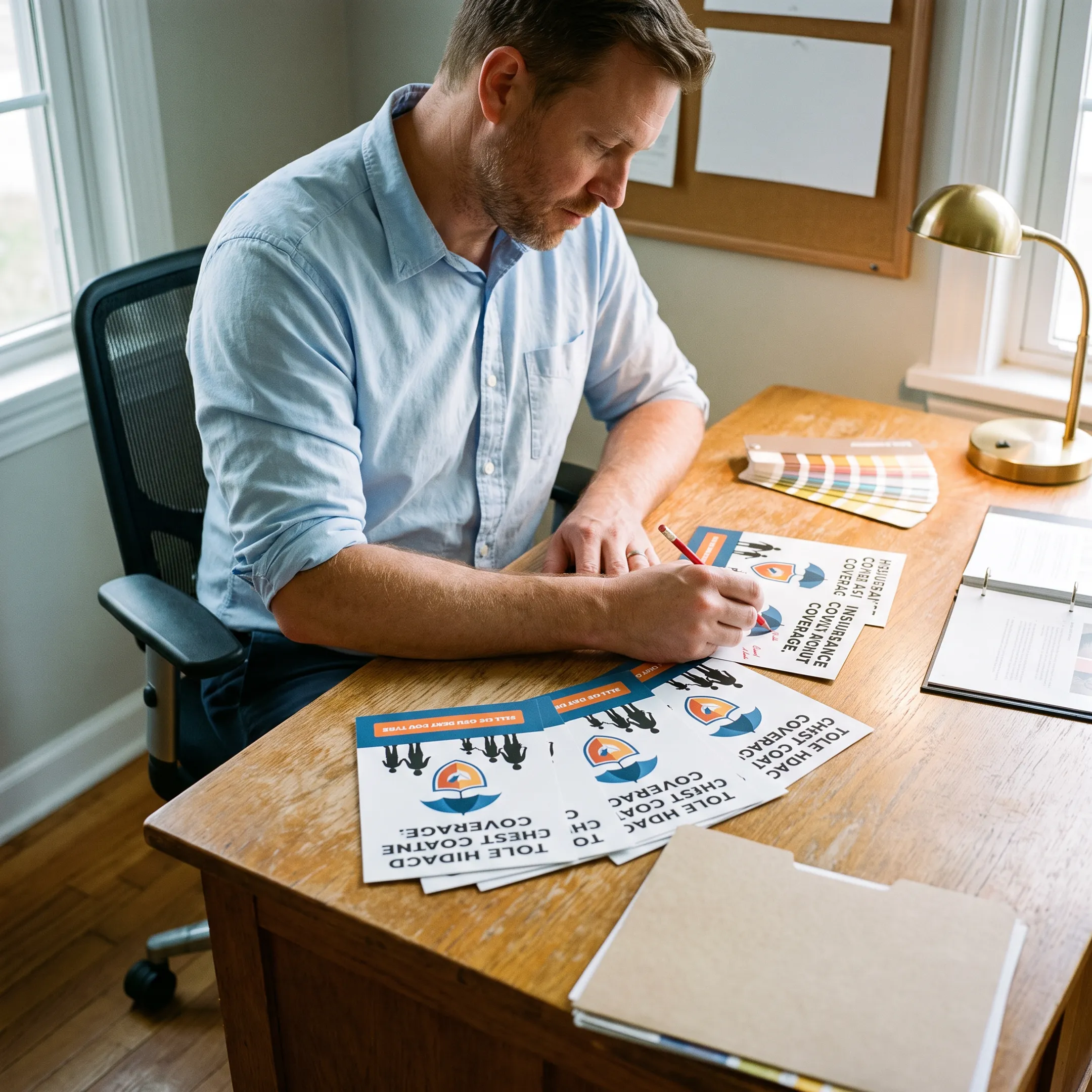 Insurance agent reviewing professionally designed postcards with a direct mail specialist