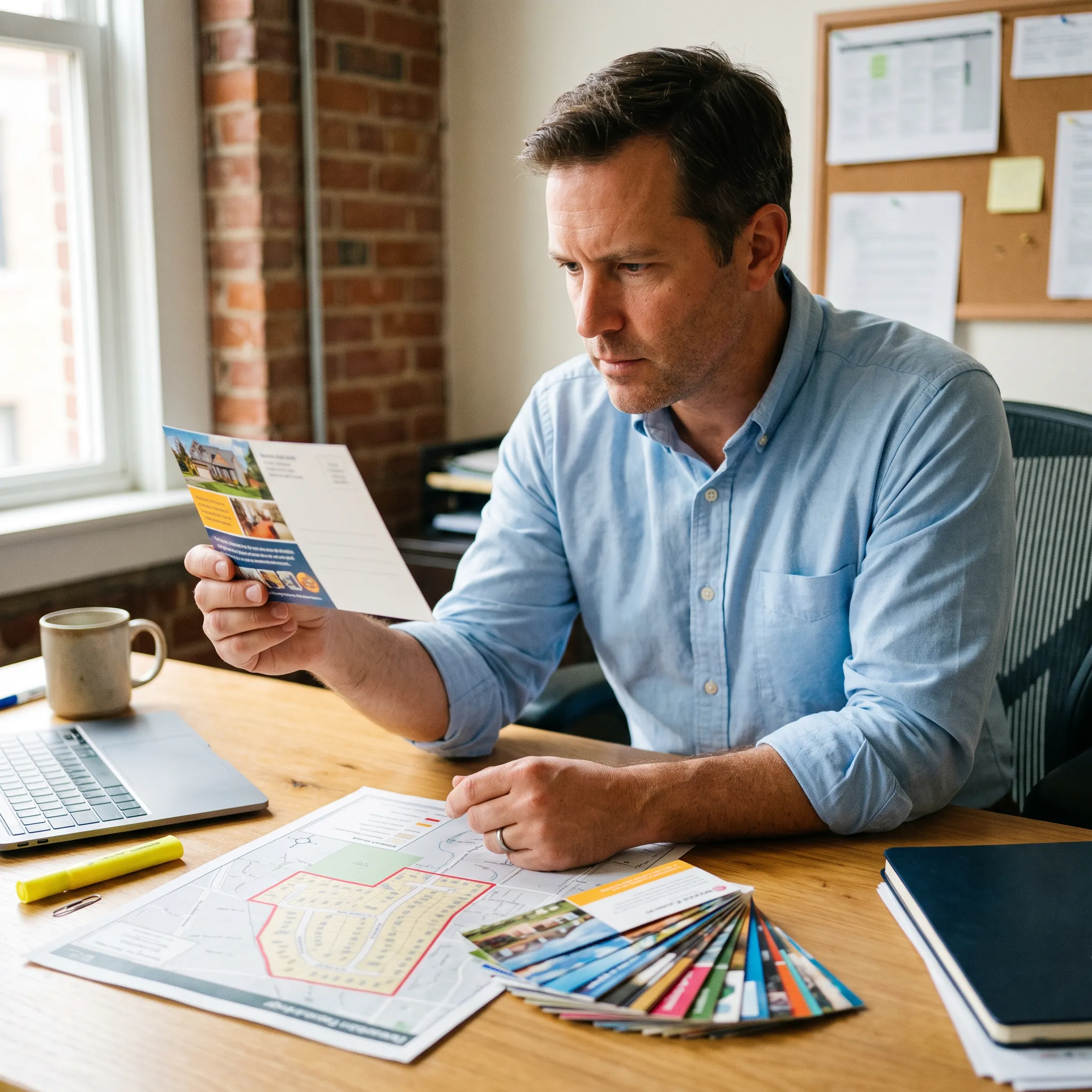 Team member reviewing a direct mail campaign proof for a Las Vegas business