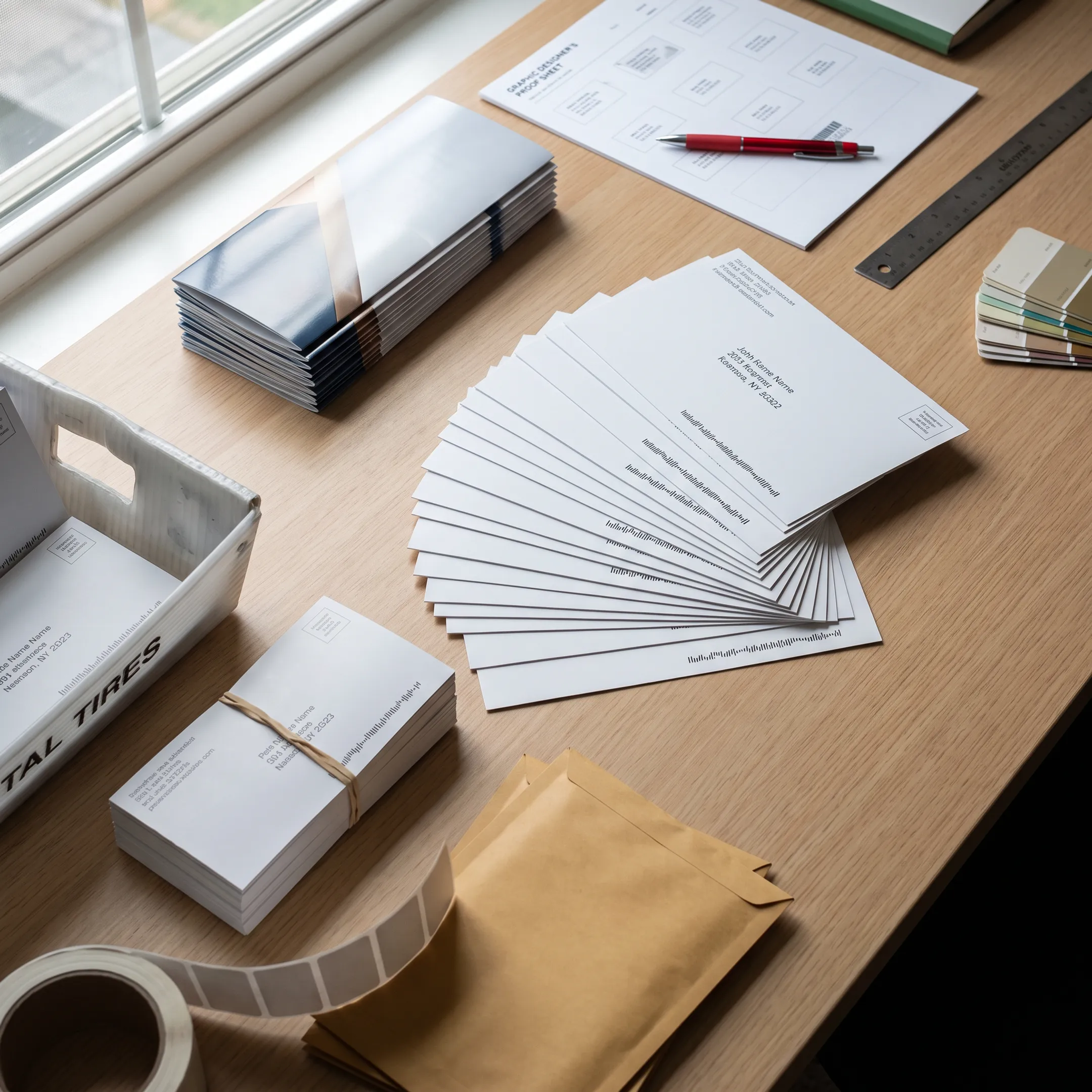 Business flyers being designed, printed, sorted, and prepared for mailing