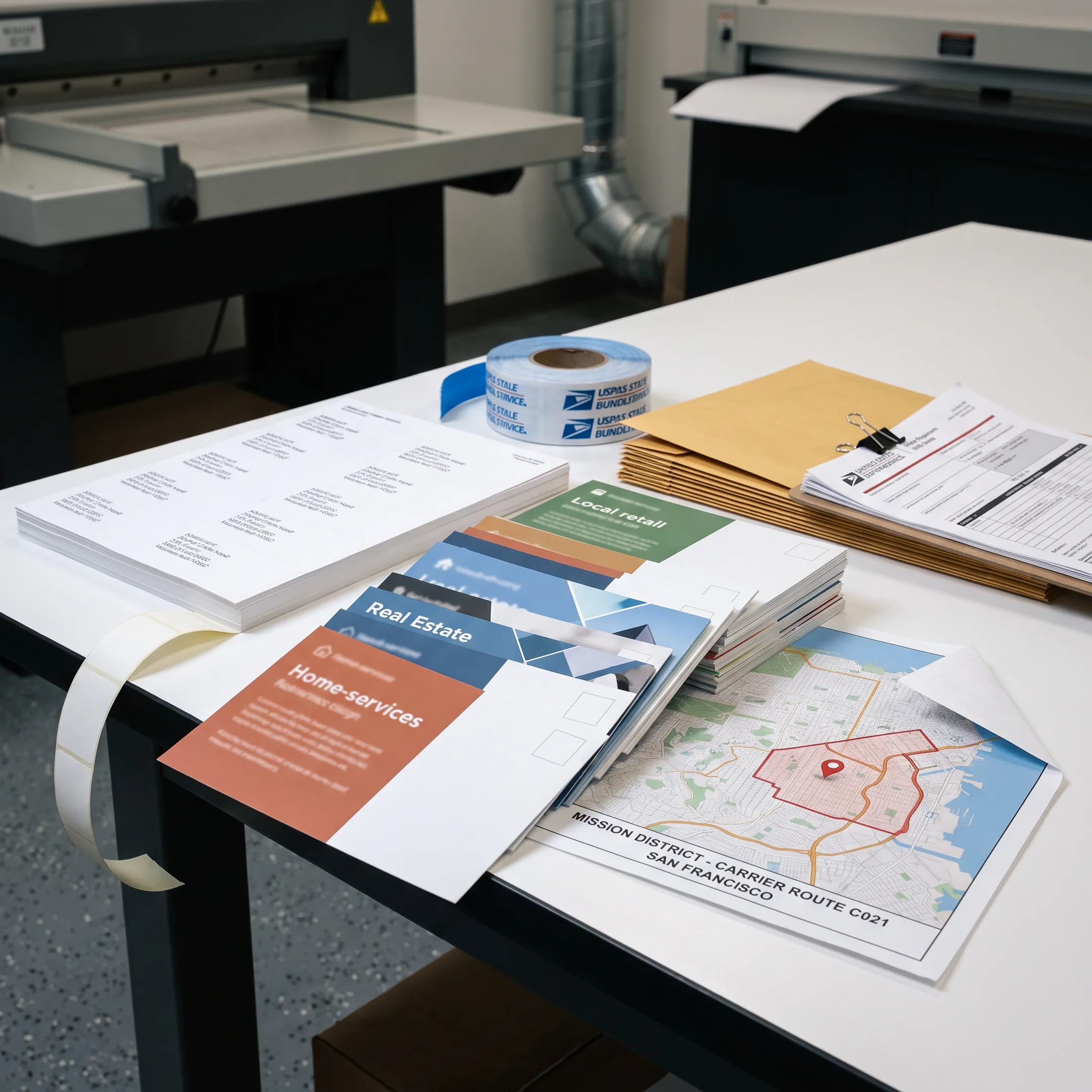 Professionally printed postcards prepared for mailing to San Francisco households