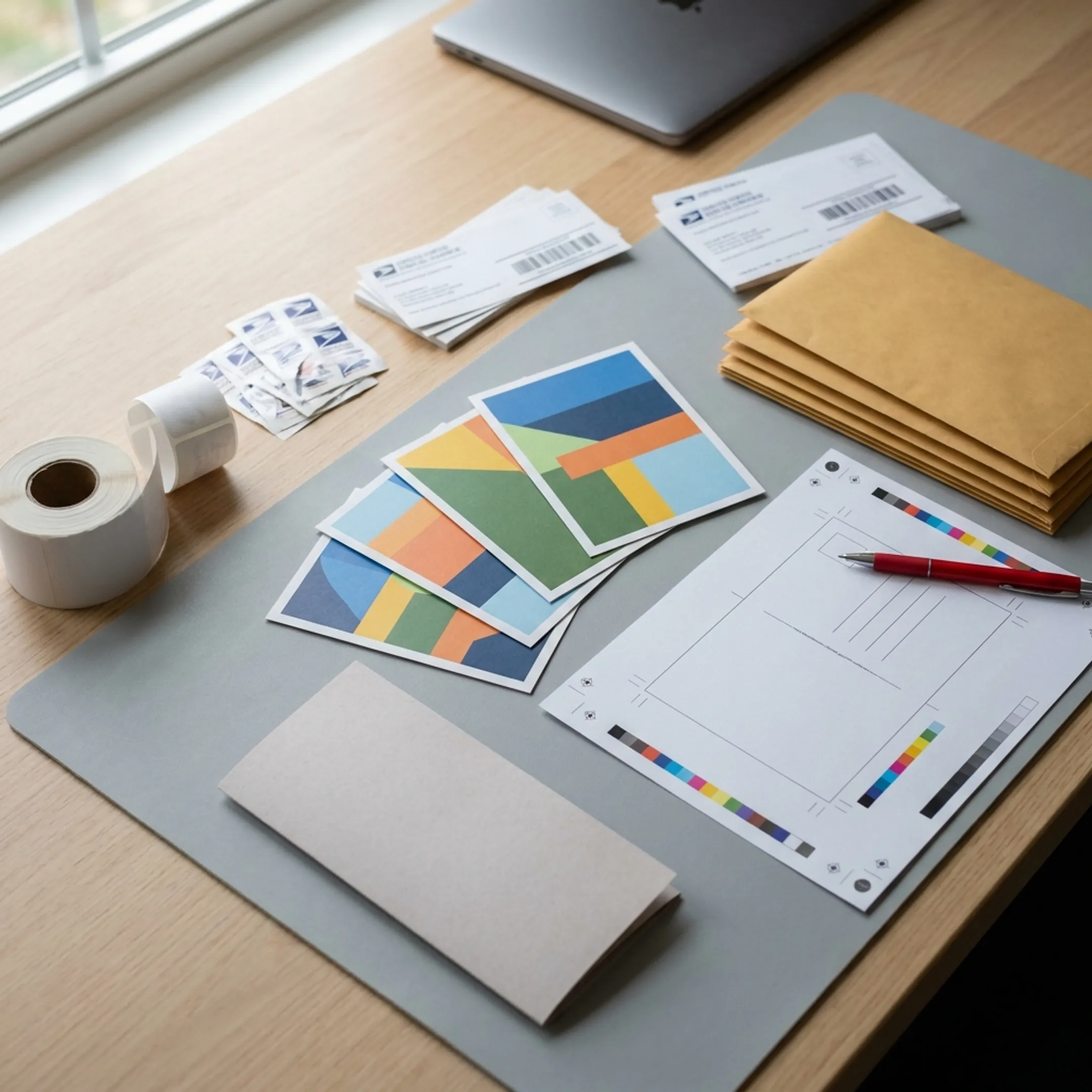 Marketing professional reviewing printed bulk mailers beside a mailing production setup