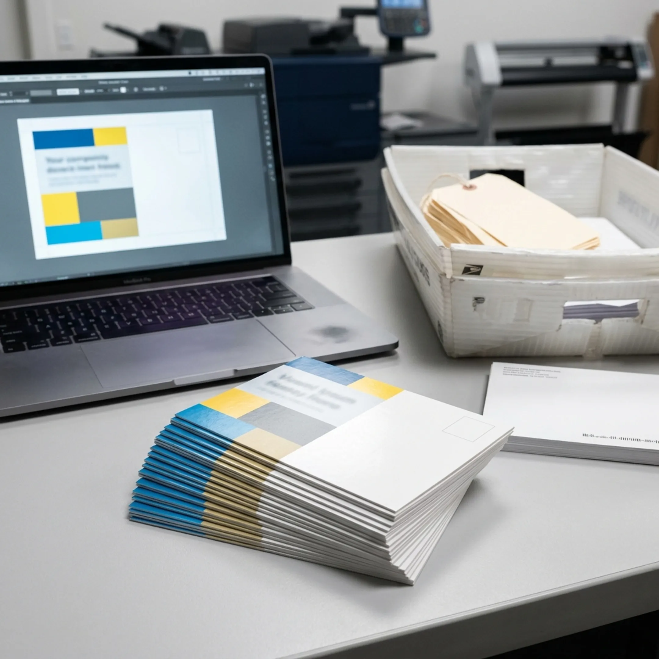 Printed marketing postcards organized for a local direct mail campaign