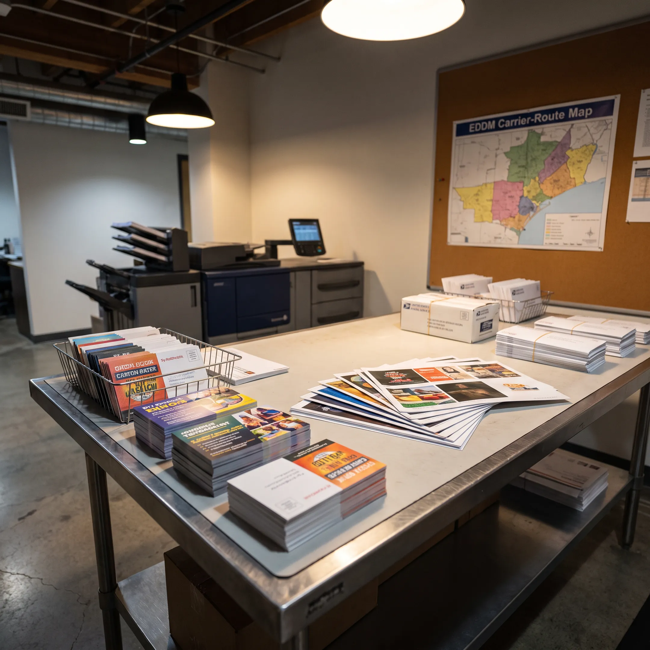 Custom postcards being designed, printed, and prepared for USPS mailing