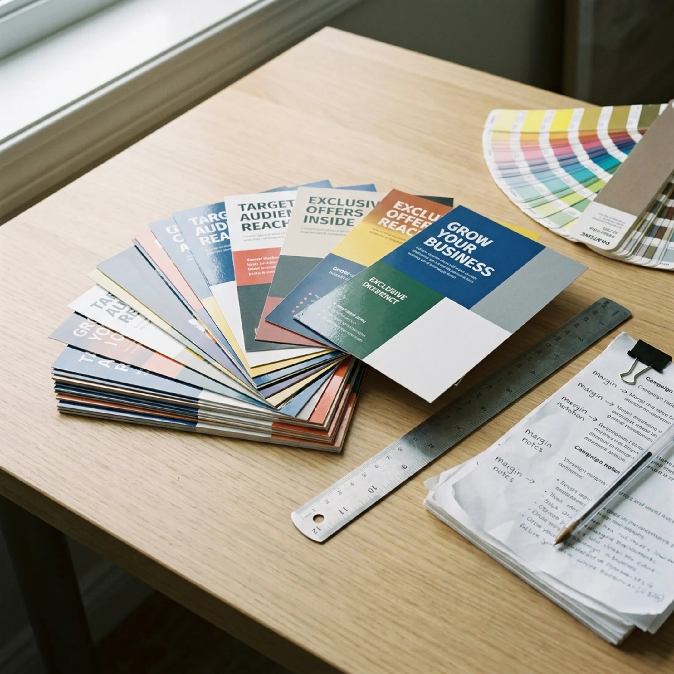 Printed postcard flyer proofs arranged for review before commercial mailing