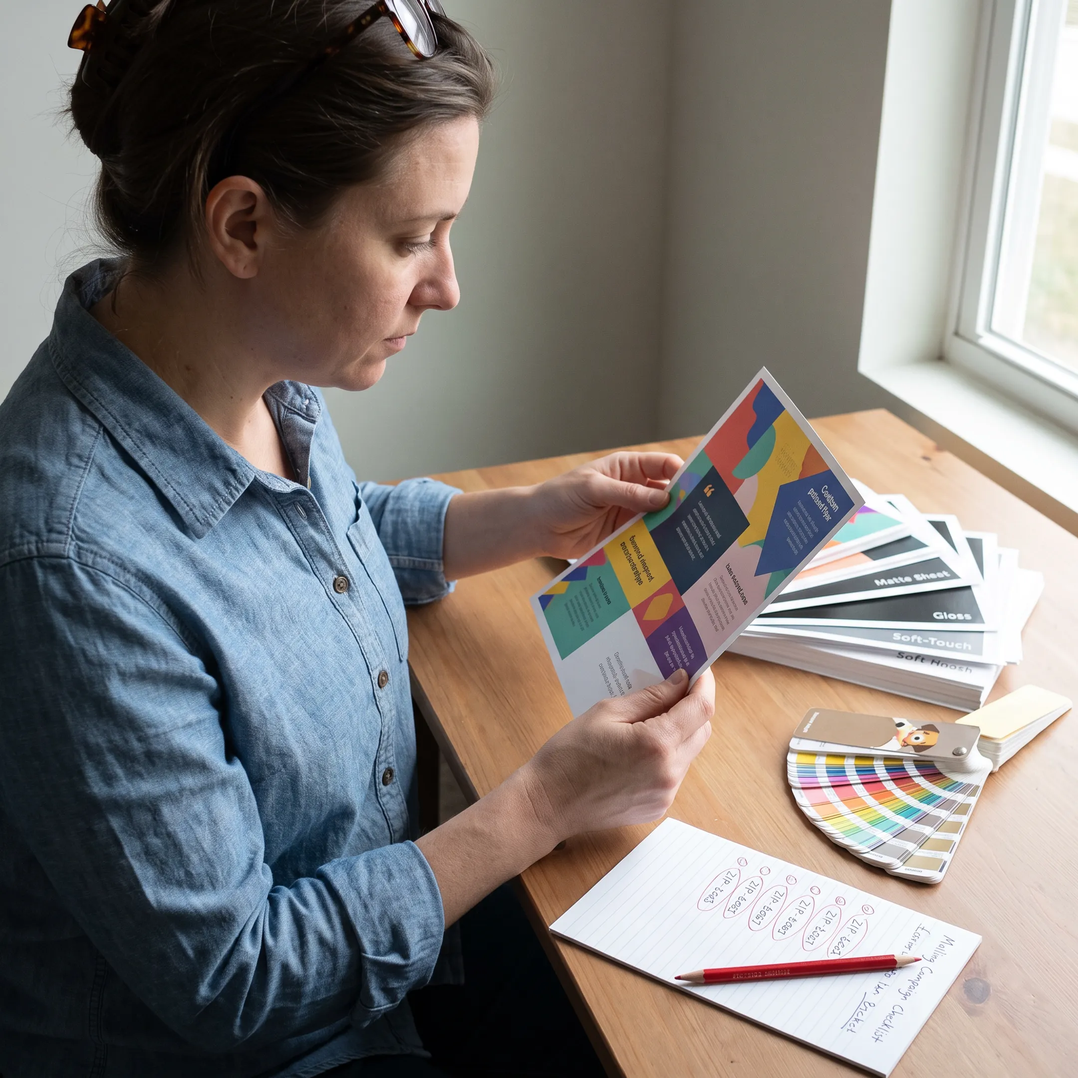 Designer reviewing a colorful custom postcard flyer for a small business mailing campaign