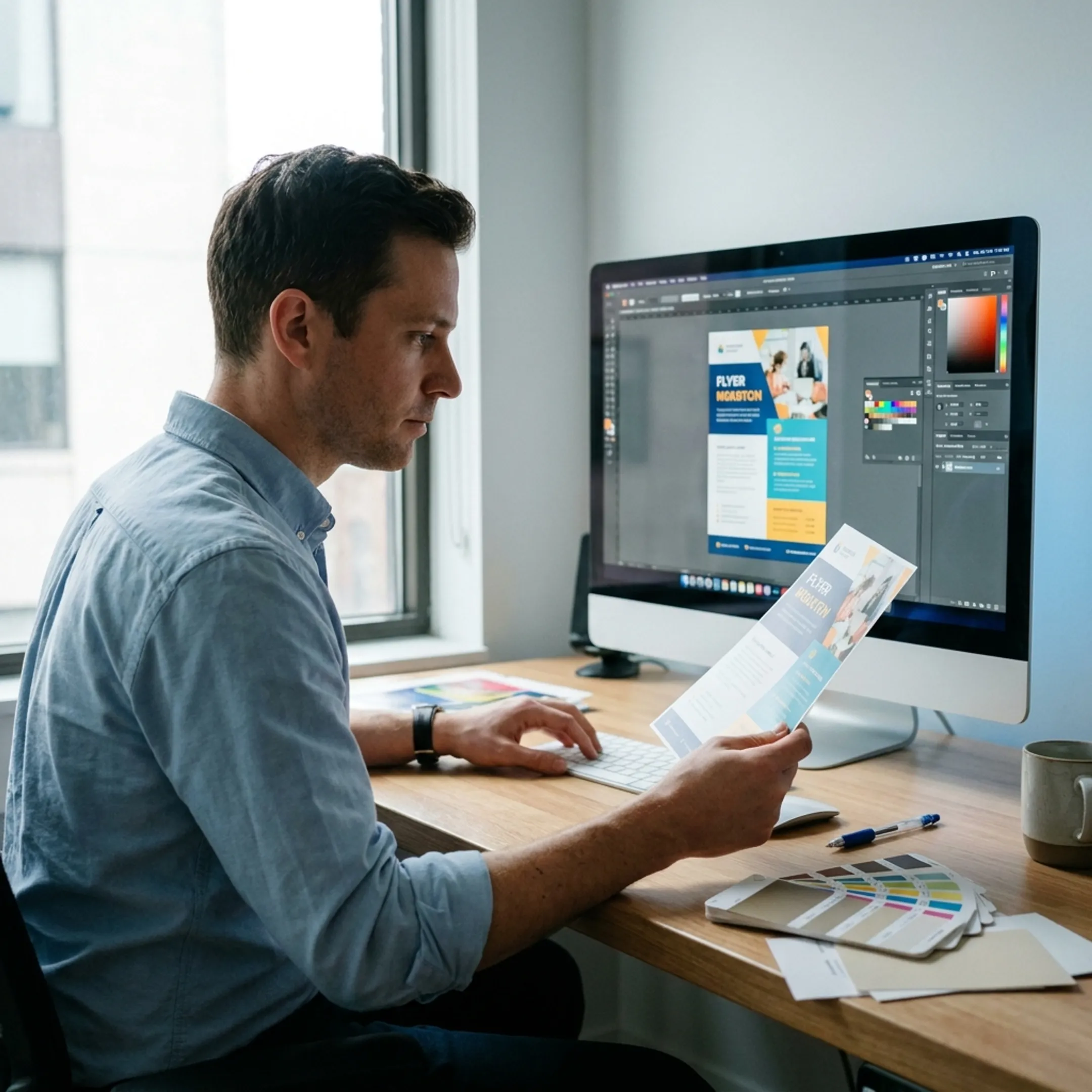 Marketing professional reviewing a printed flyer proof beside a computer design screen