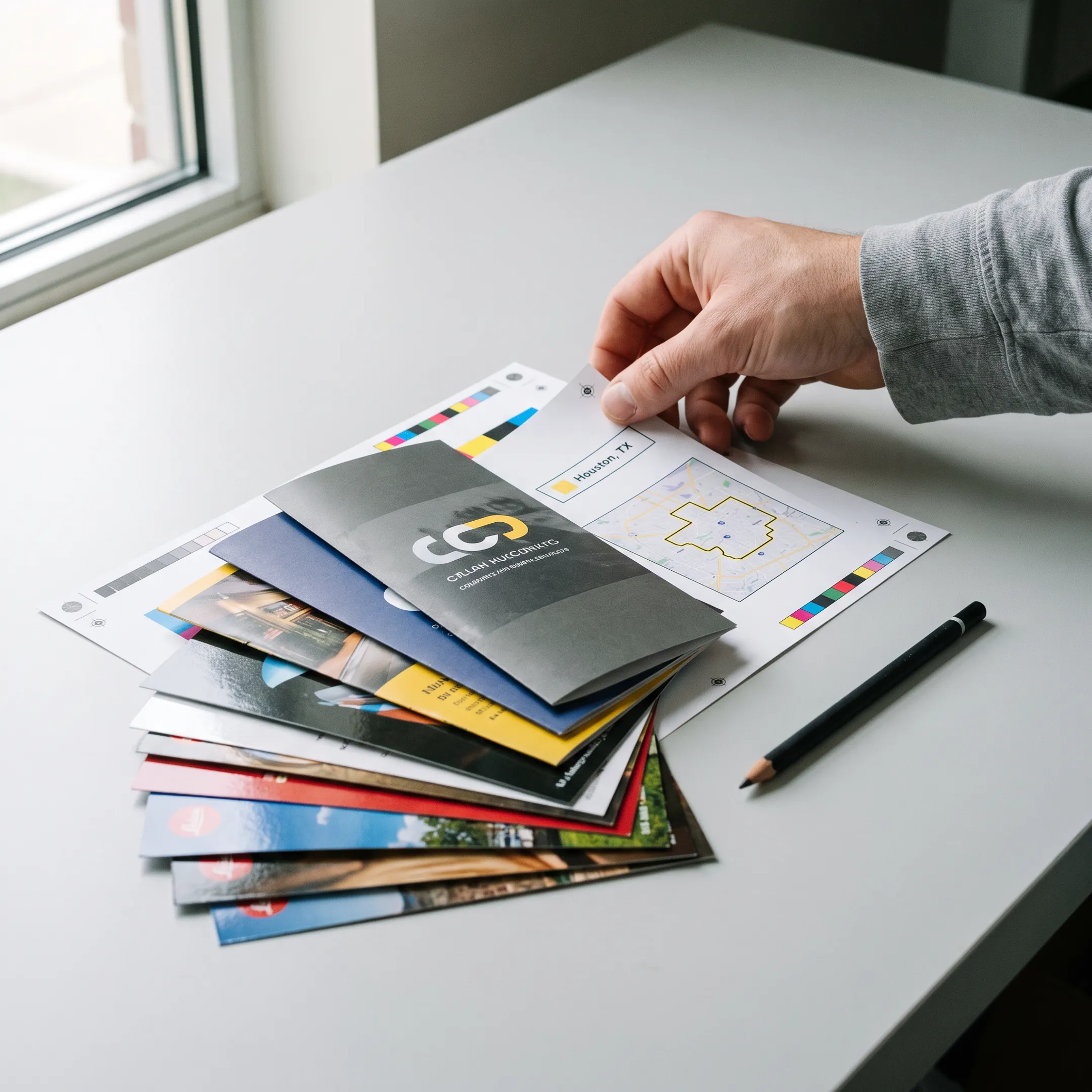 Printed promotional flyers arranged on a desk beside design proofs and business marketing materials
