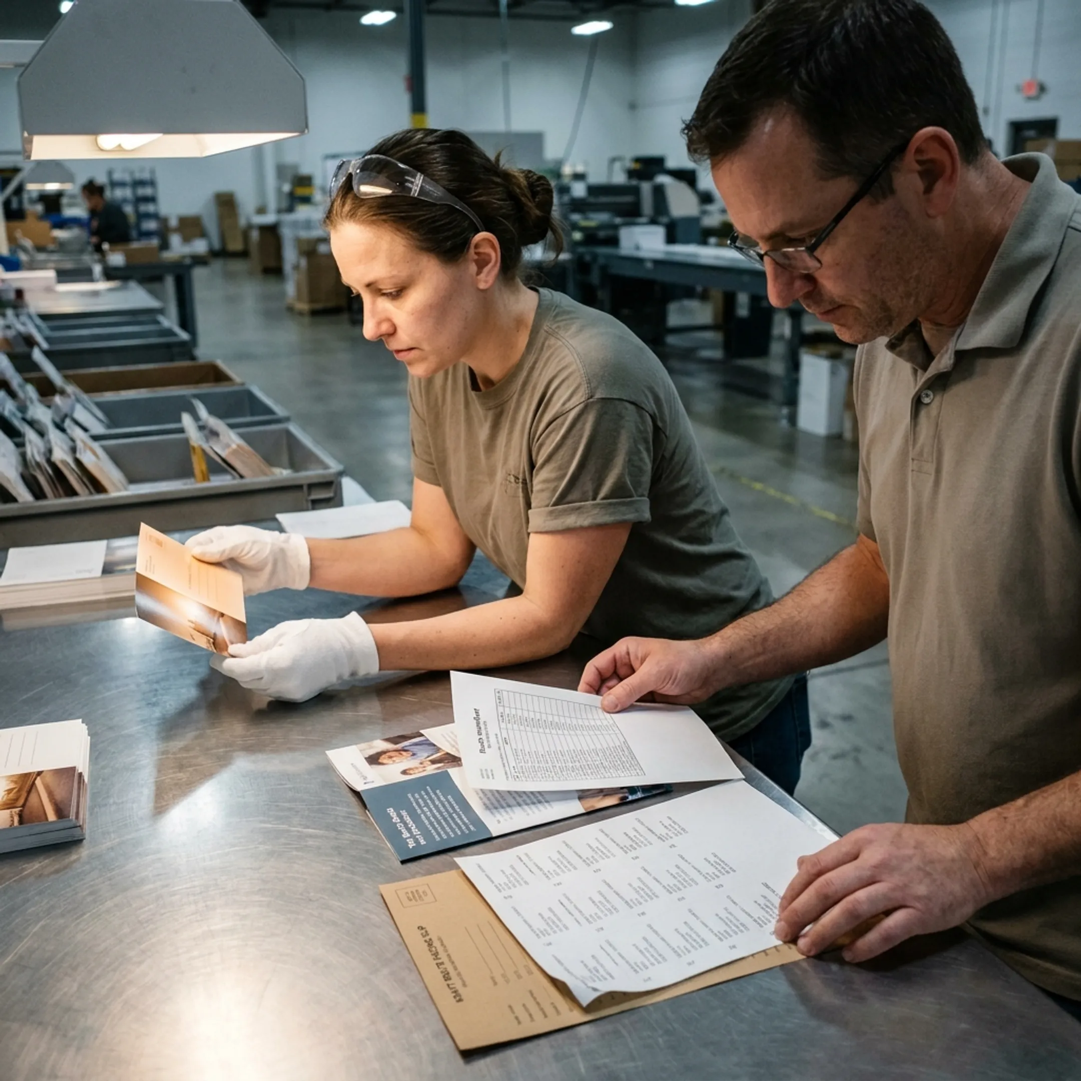 DirectMailEasy team preparing printed postcards for USPS mailing