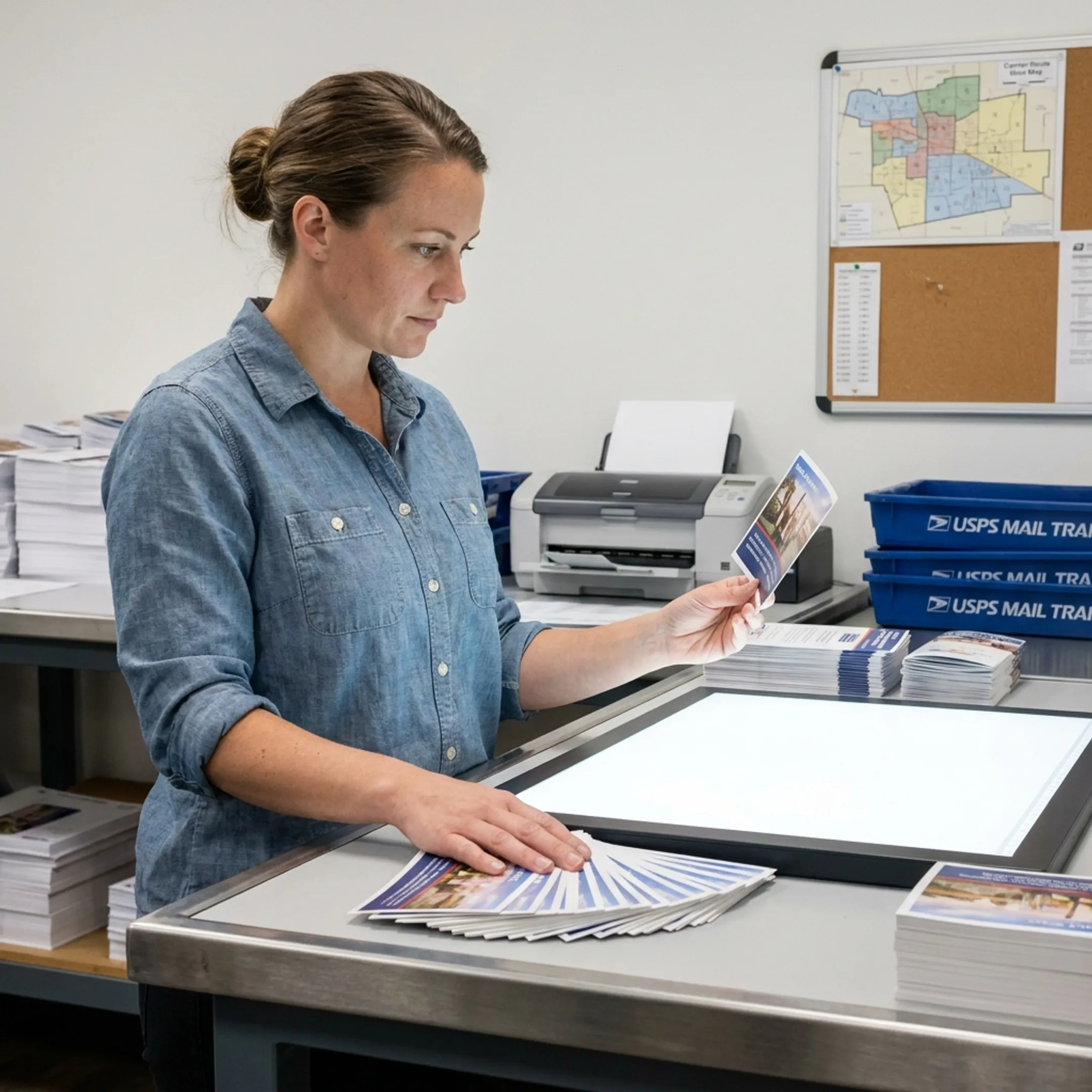 DirectMailEasy team preparing printed direct mail pieces for mailing