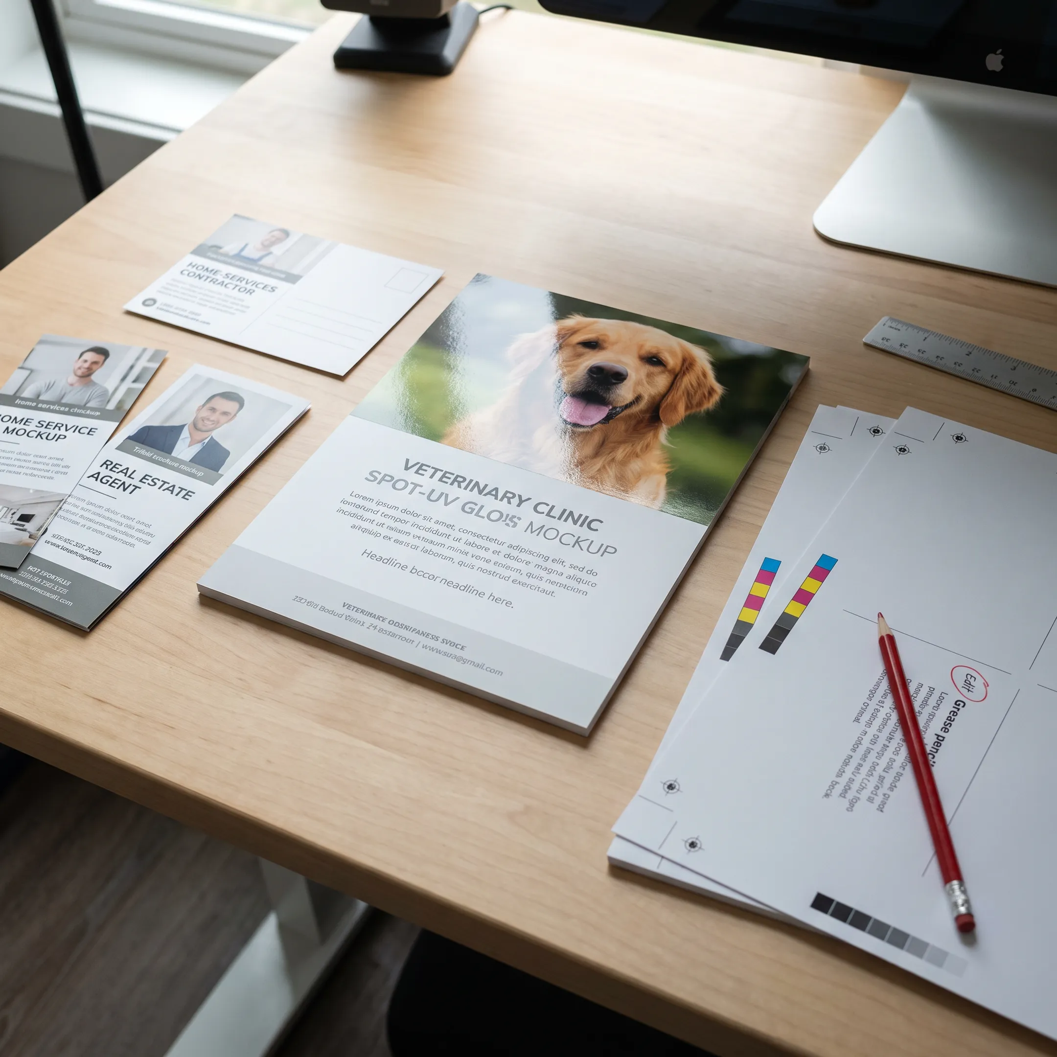 Veterinary clinic flyer templates displayed beside printed marketing materials
