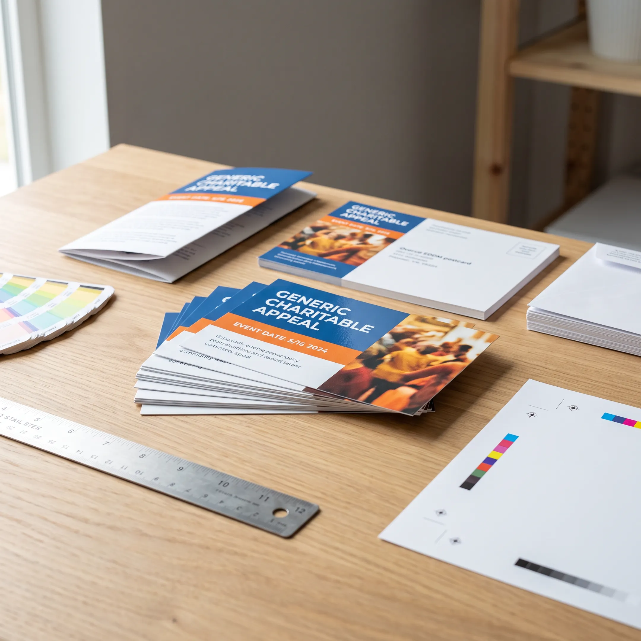 Nonprofit postcard designs arranged beside printed mailers and campaign planning materials