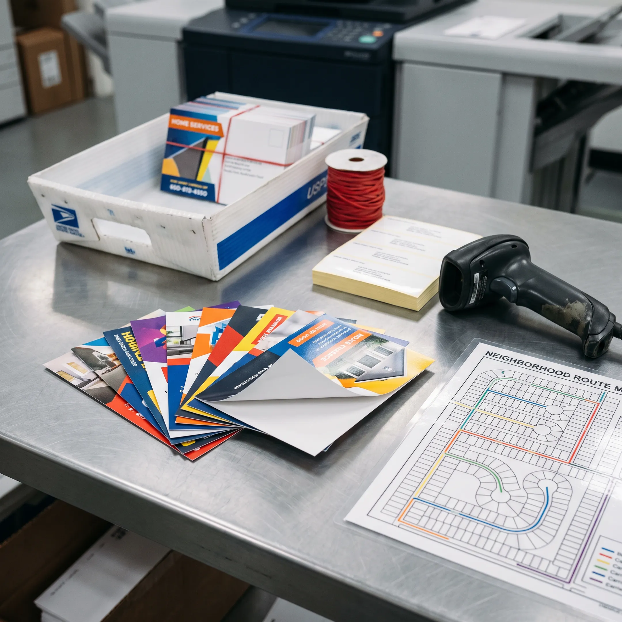 Direct mail postcards prepared for USPS delivery to Florida neighborhoods