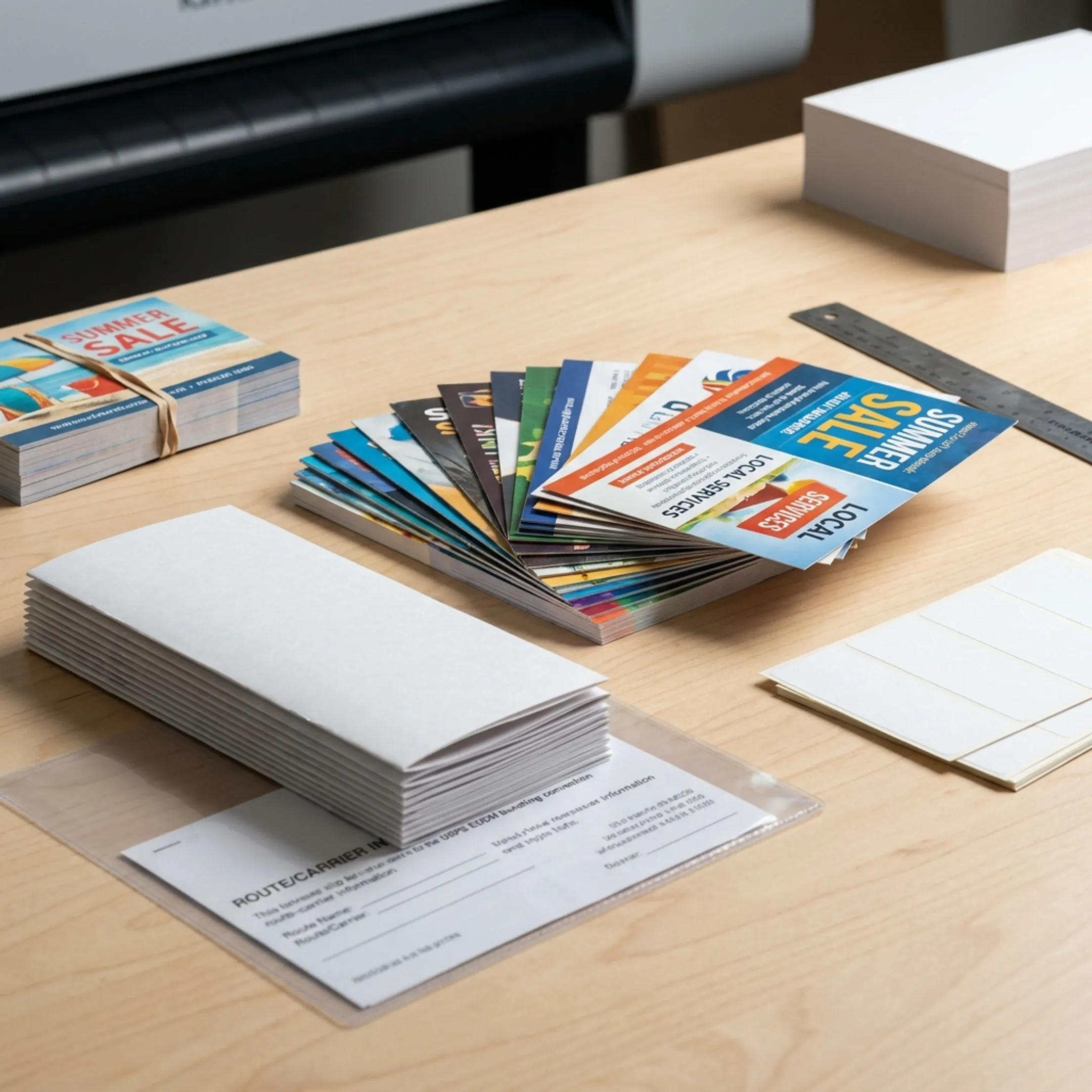 Printed postcards and brochures prepared for a direct mail campaign