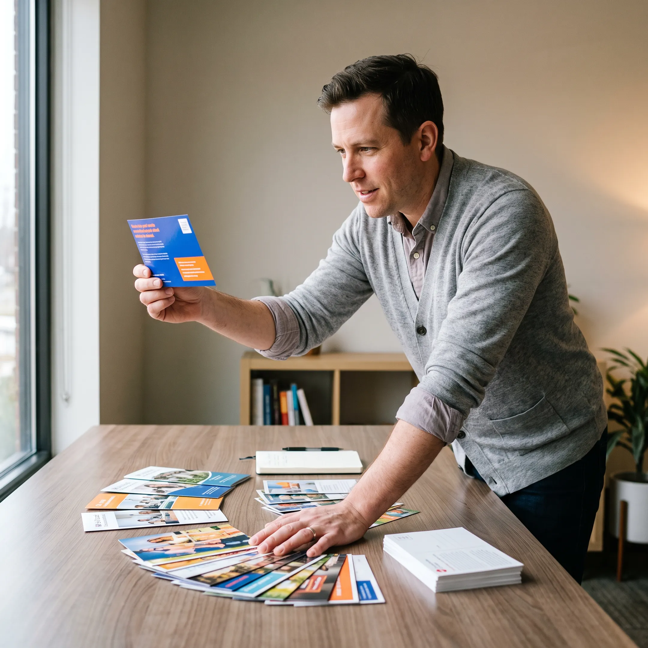 Business owner reviewing a professionally designed direct mail postcard campaign