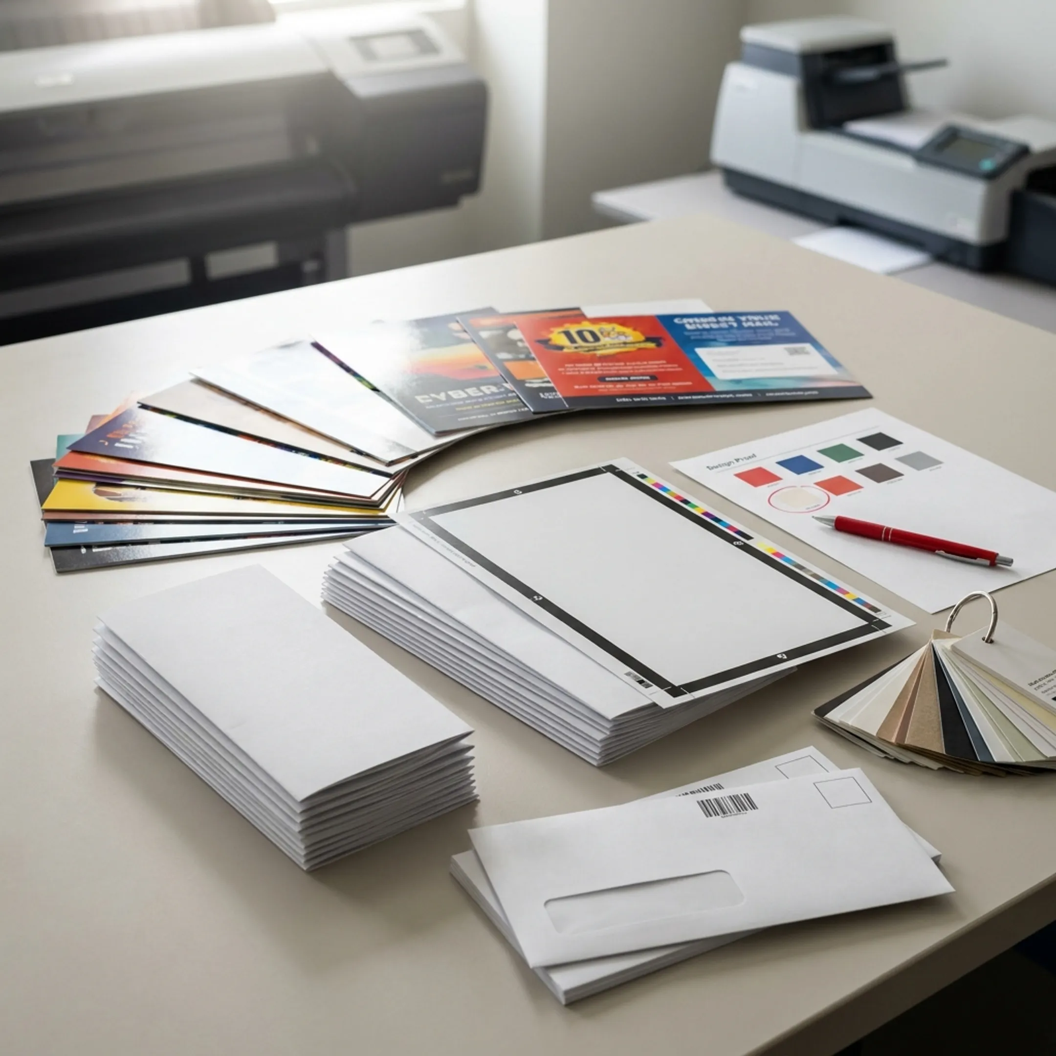 Professionally printed brochures arranged on a business marketing table