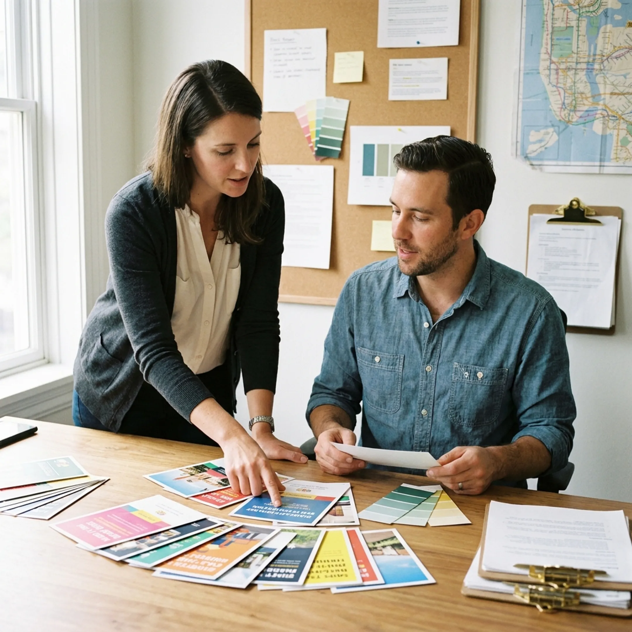 Designer reviewing a customizable marketing postcard layout for a small business campaign