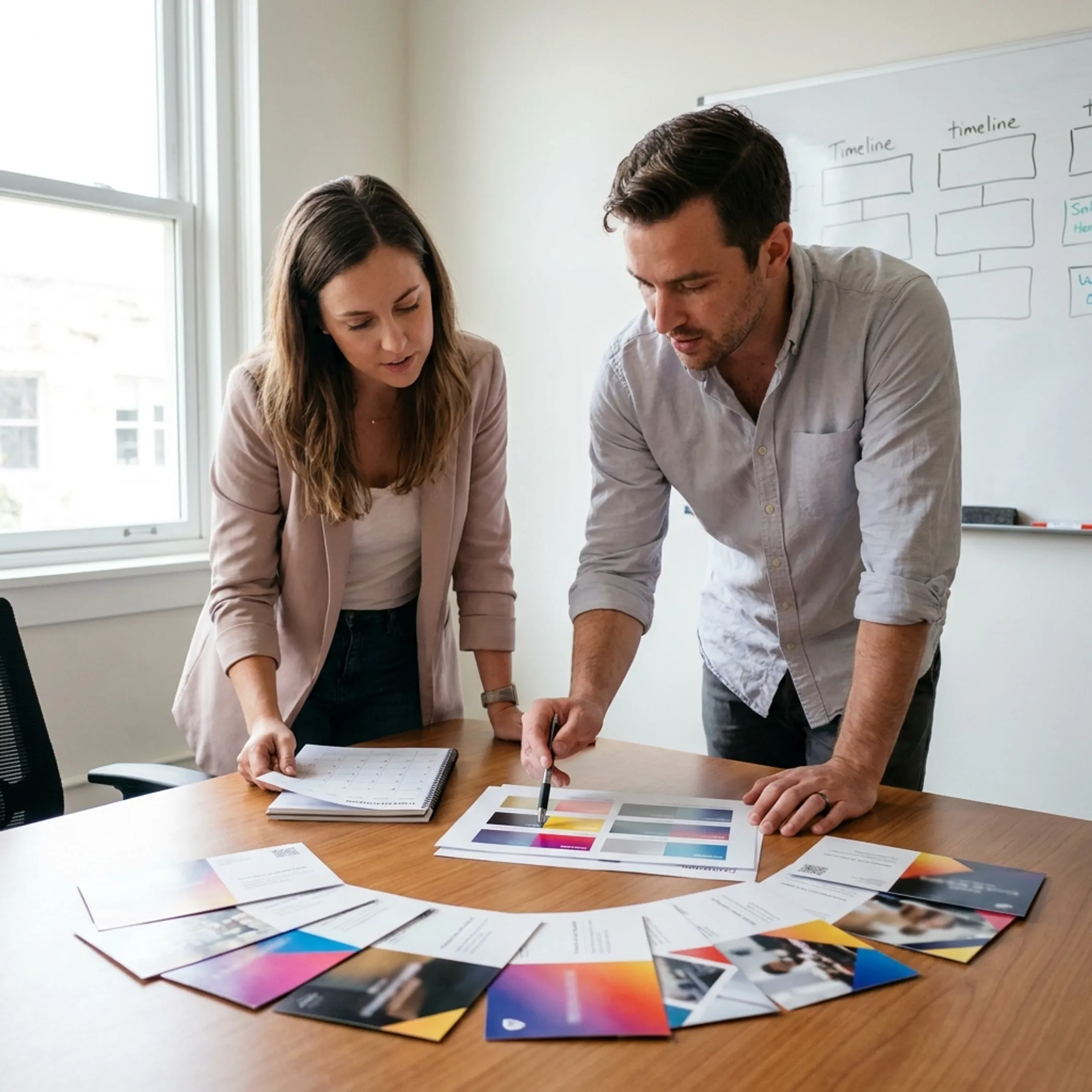 Marketing team reviewing direct mail artwork and printed postcards