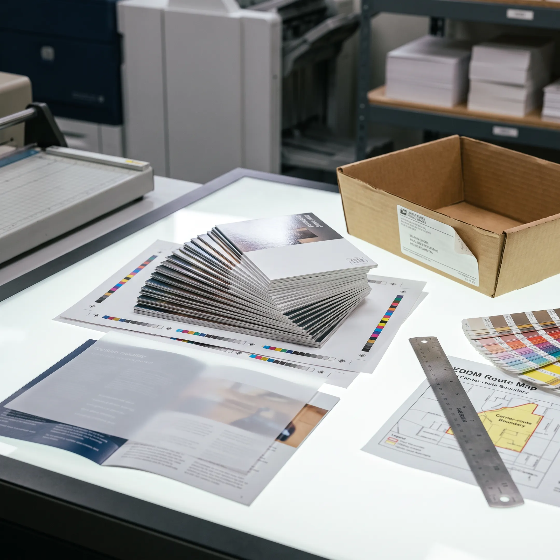 Direct mail postcards prepared for USPS mailing beside marketing design proofs