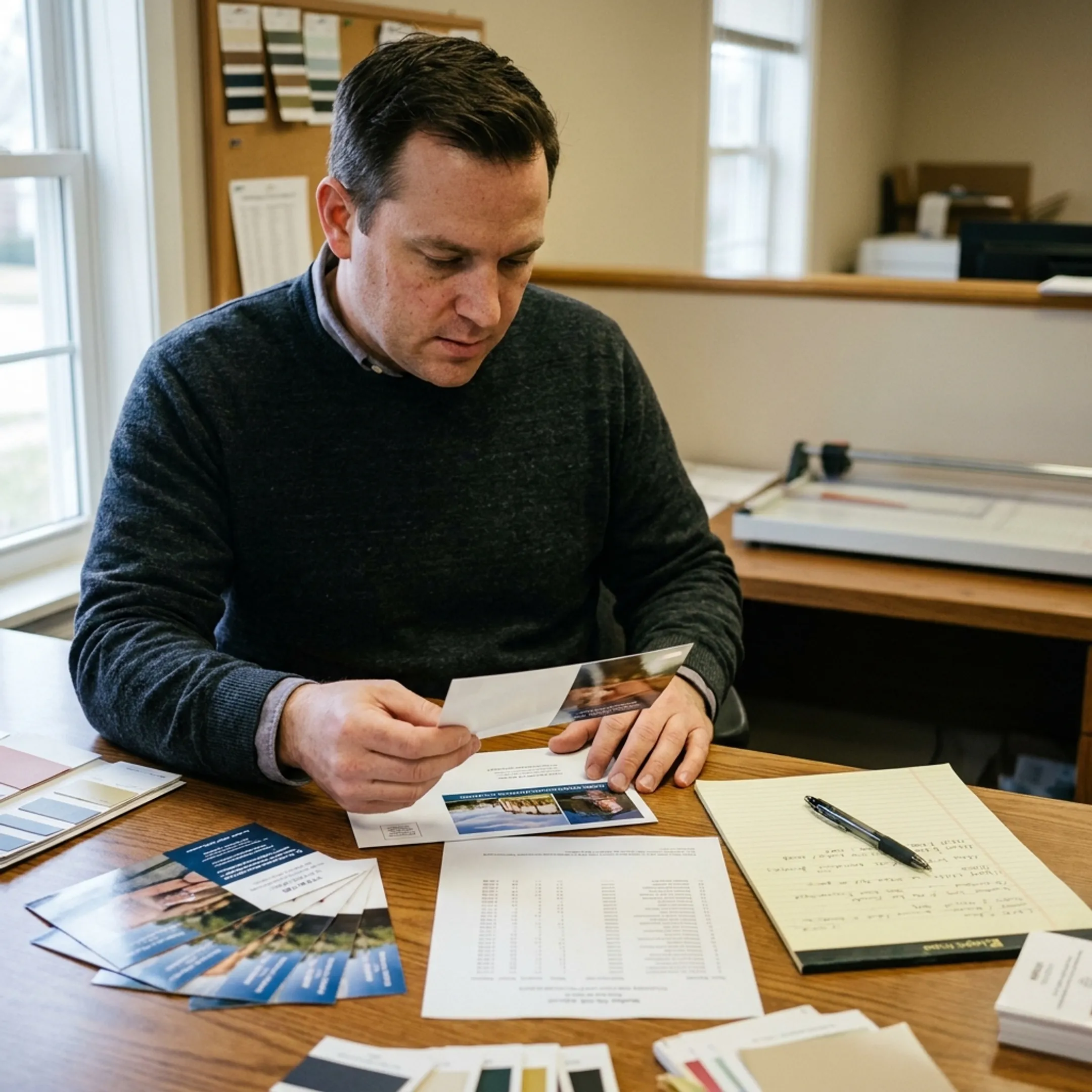 Marketing professional reviewing a direct mail postcard proof
