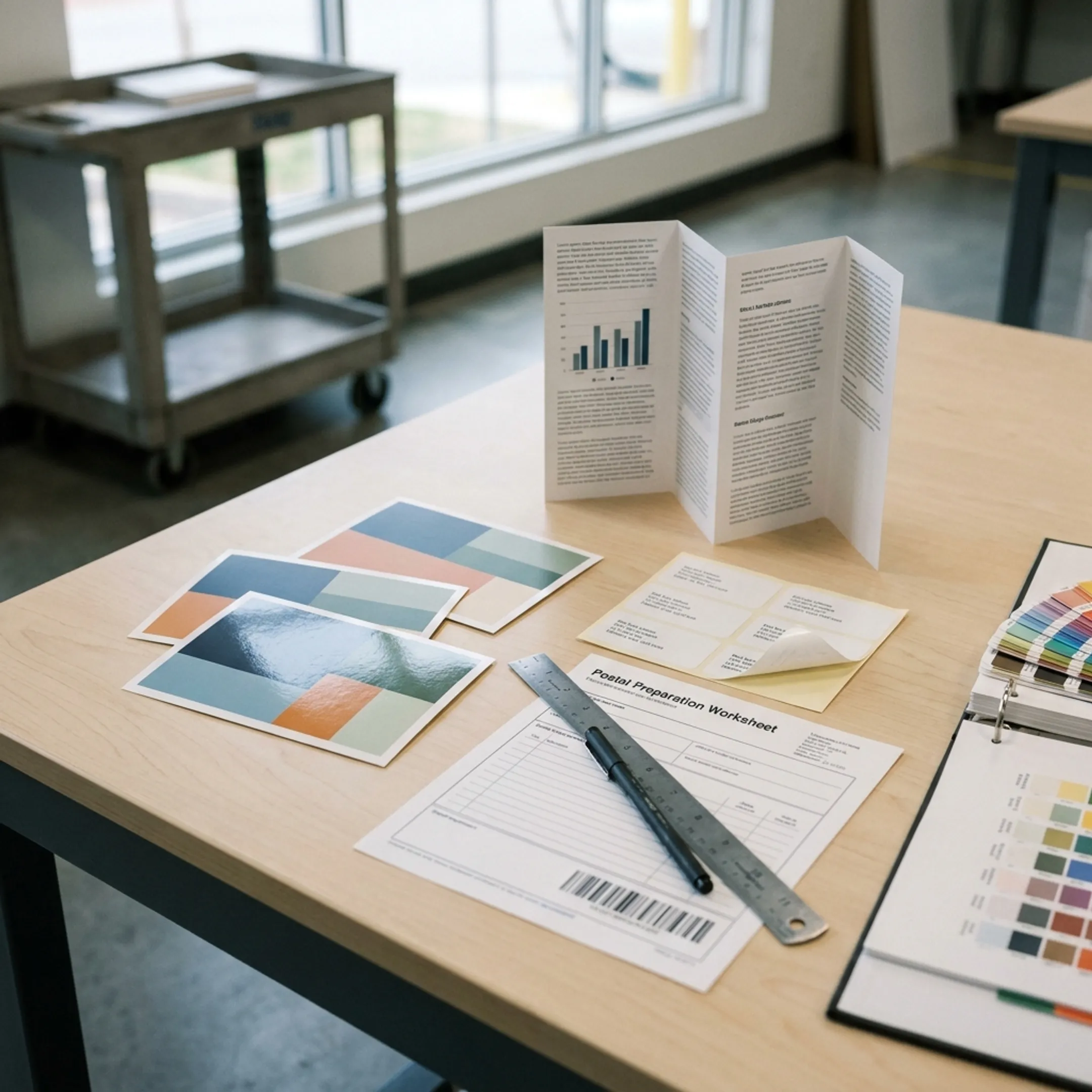 Direct mail campaign materials organized for design, printing, and USPS mailing
