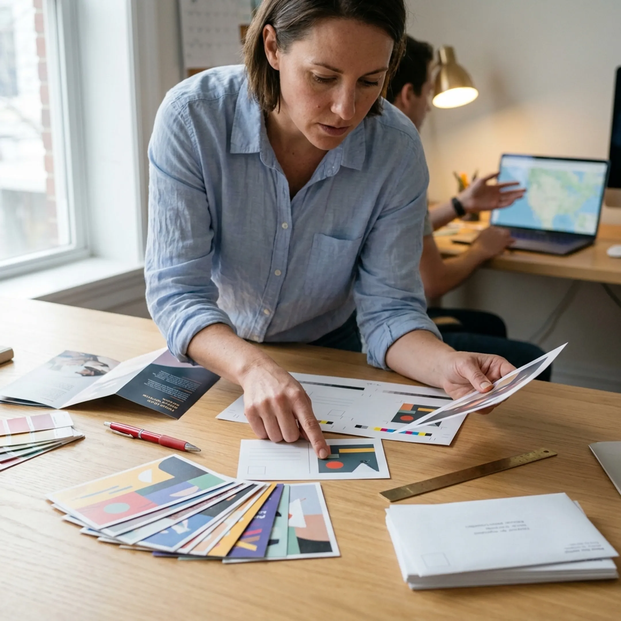 Designer reviewing a direct mail postcard beside printed marketing pieces