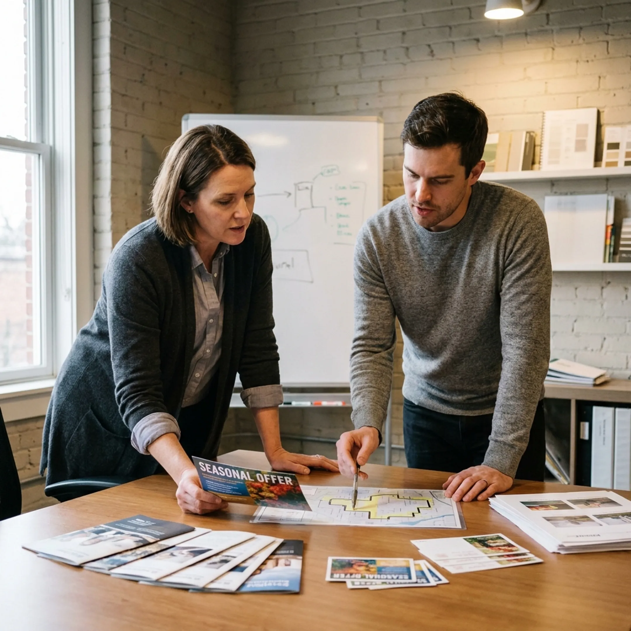 Marketing team reviewing an EDDM postcard proof