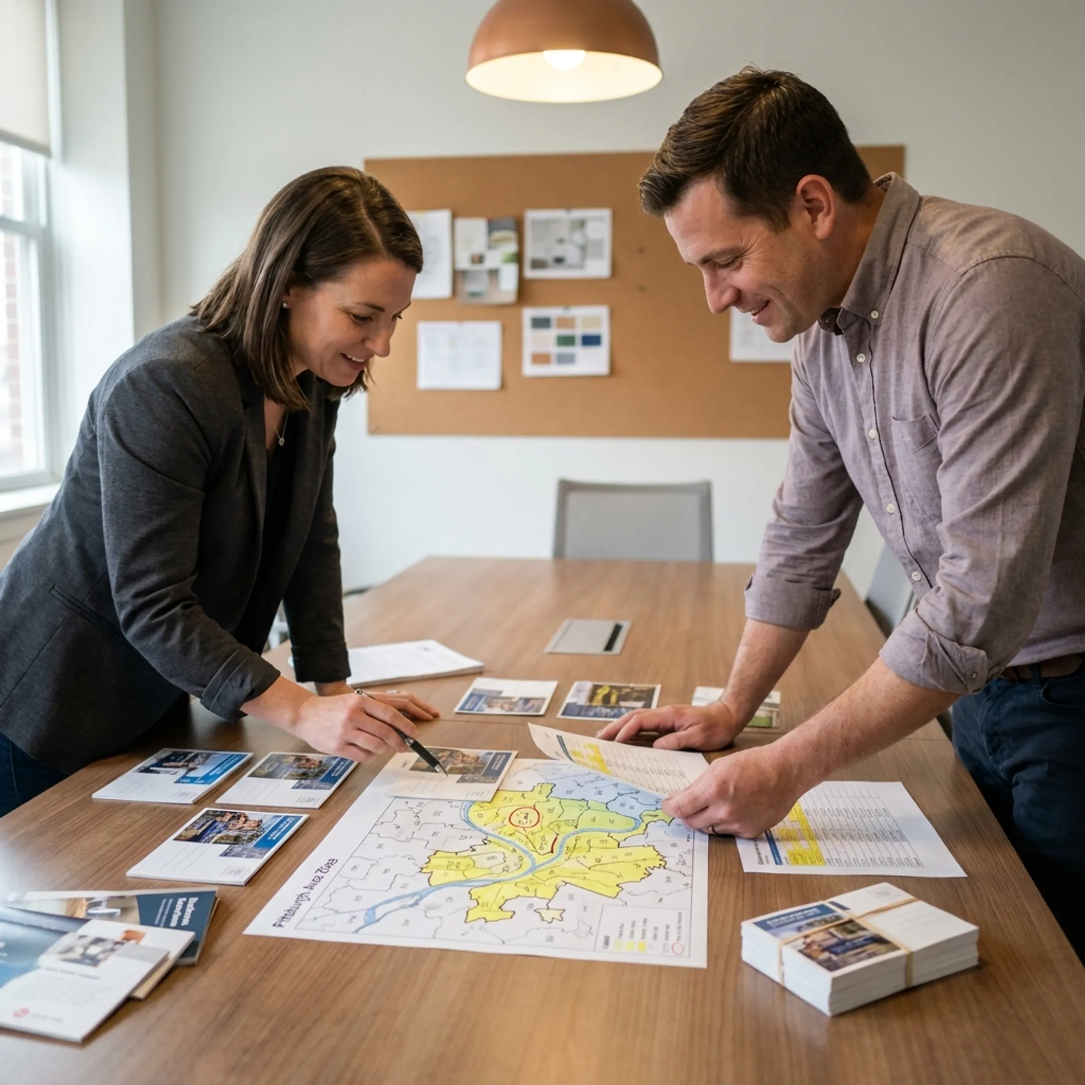 DirectMailEasy team reviewing printed direct mail campaign proofs